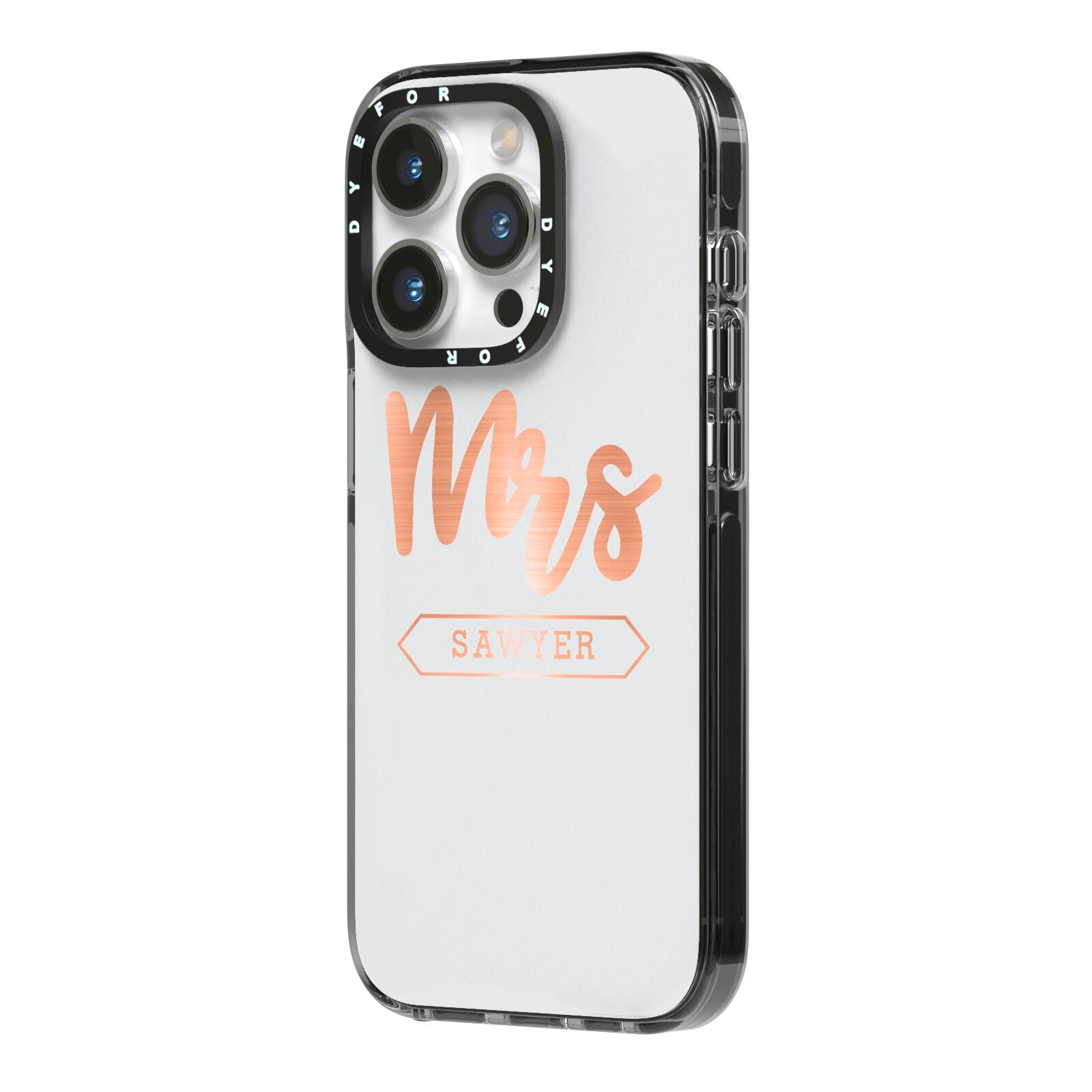 Personalised Rose Gold Mrs Surname On Grey iPhone 14 Pro Black Impact Case Side Angle on Silver phone