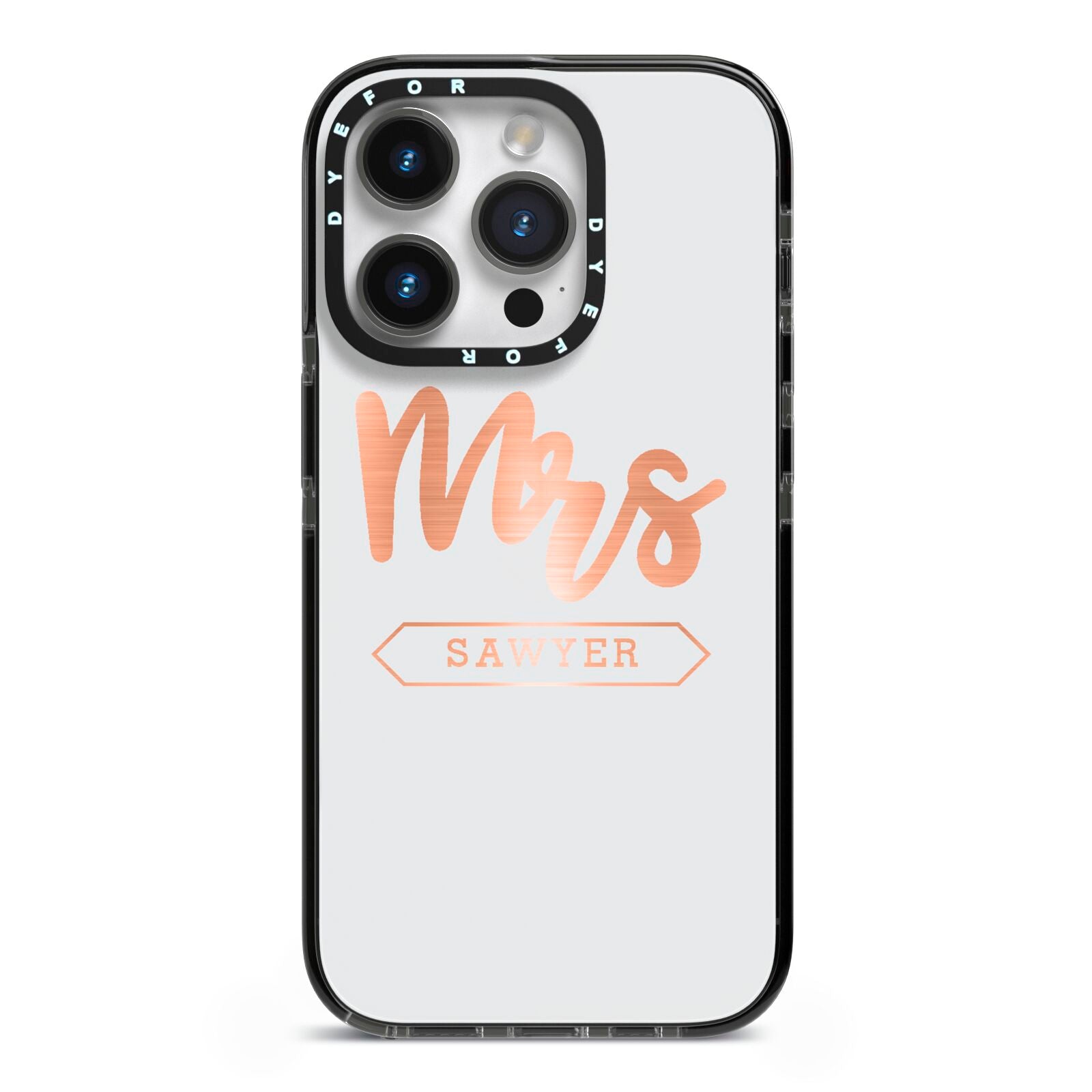 Personalised Rose Gold Mrs Surname On Grey iPhone 14 Pro Black Impact Case on Silver phone
