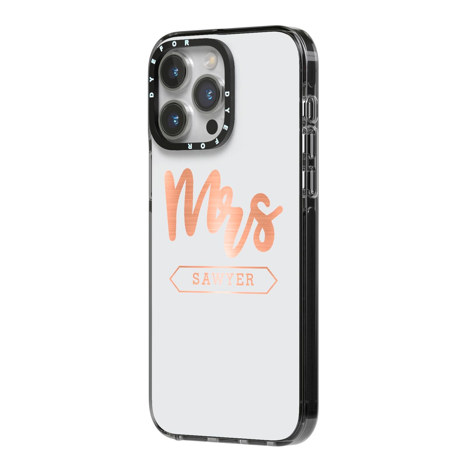 Personalised Rose Gold Mrs Surname On Grey iPhone 14 Pro Max Black Impact Case Side Angle on Silver phone