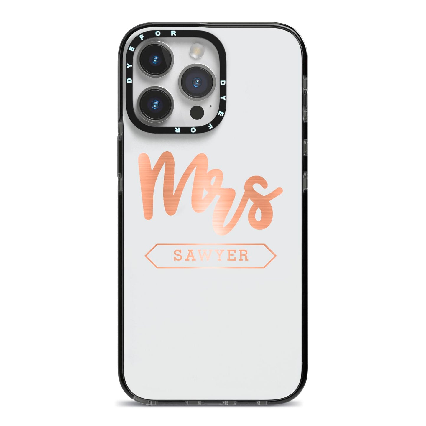 Personalised Rose Gold Mrs Surname On Grey iPhone 14 Pro Max Black Impact Case on Silver phone