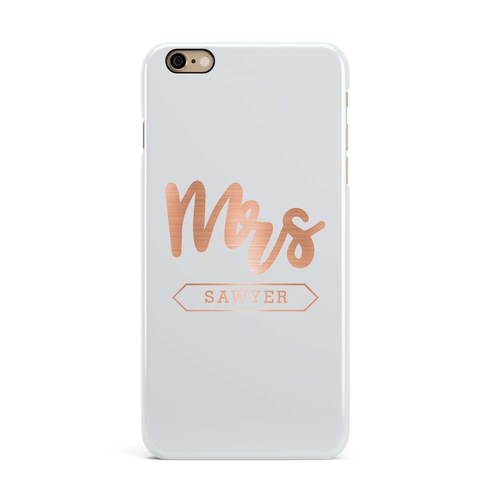 Personalised Rose Gold Mrs Surname On Grey iPhone 6 Plus 3D Snap Case on Gold Phone