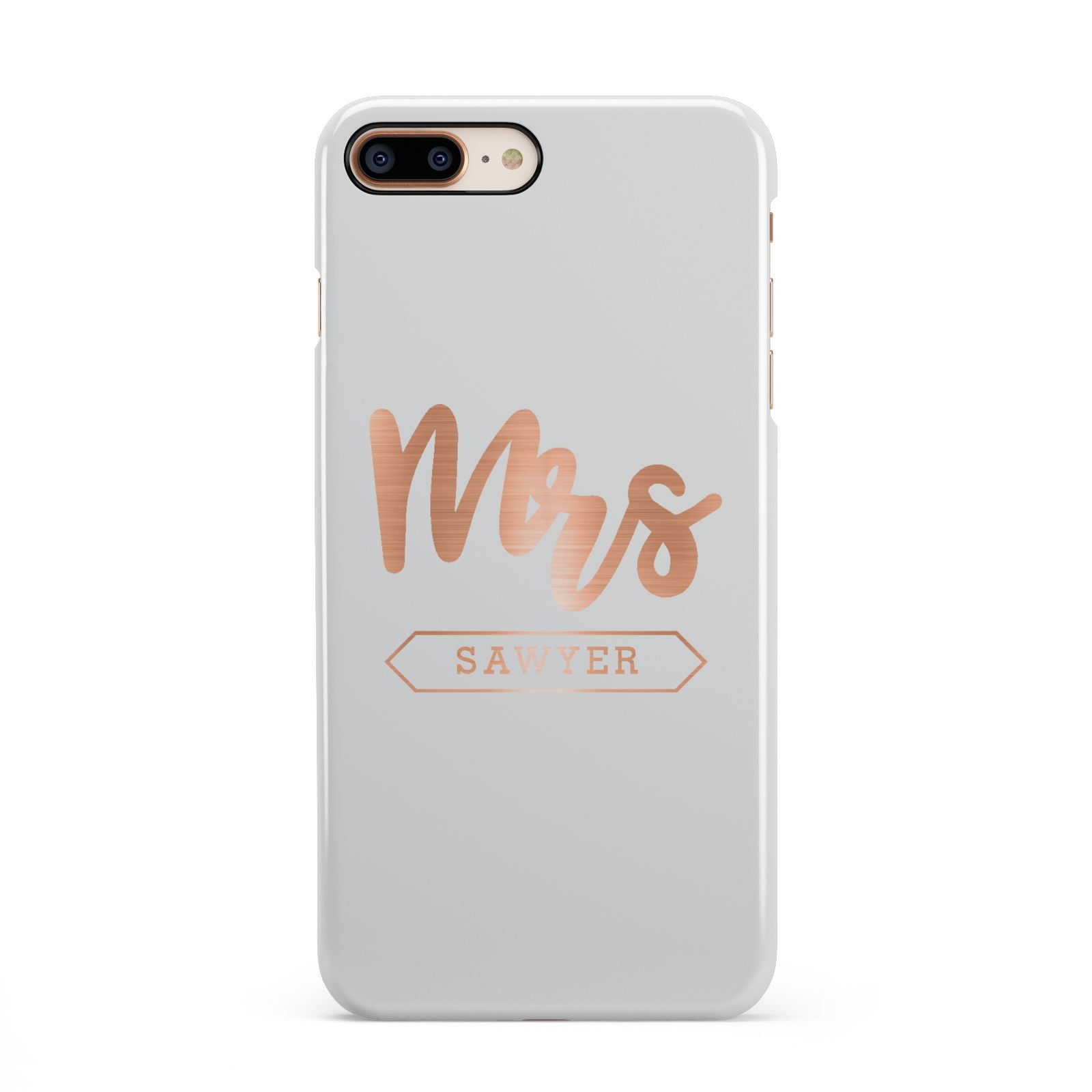 Personalised Rose Gold Mrs Surname On Grey iPhone 8 Plus 3D Snap Case on Gold Phone