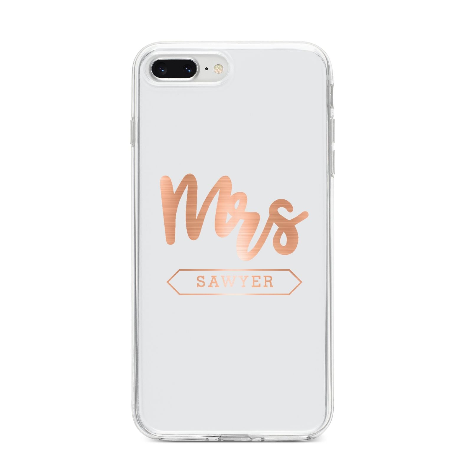 Personalised Rose Gold Mrs Surname On Grey iPhone 8 Plus Bumper Case on Silver iPhone