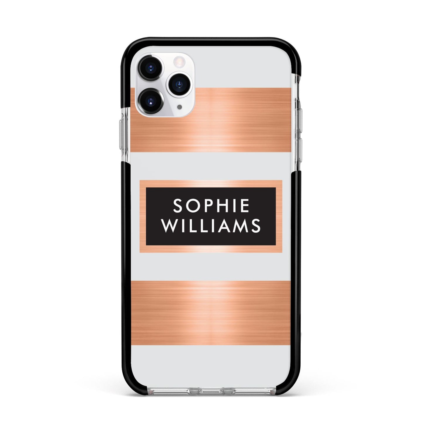 Personalised Rose Gold Name Text Initials Apple iPhone 11 Pro Max in Silver with Black Impact Case