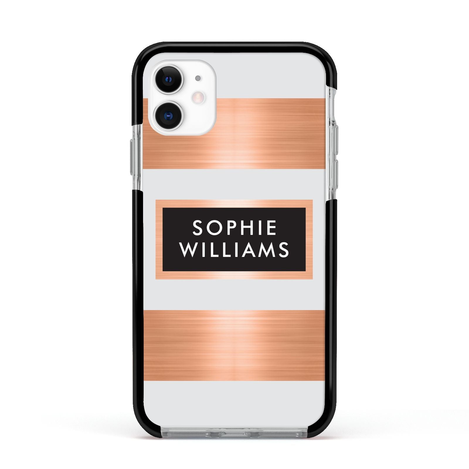 Personalised Rose Gold Name Text Initials Apple iPhone 11 in White with Black Impact Case