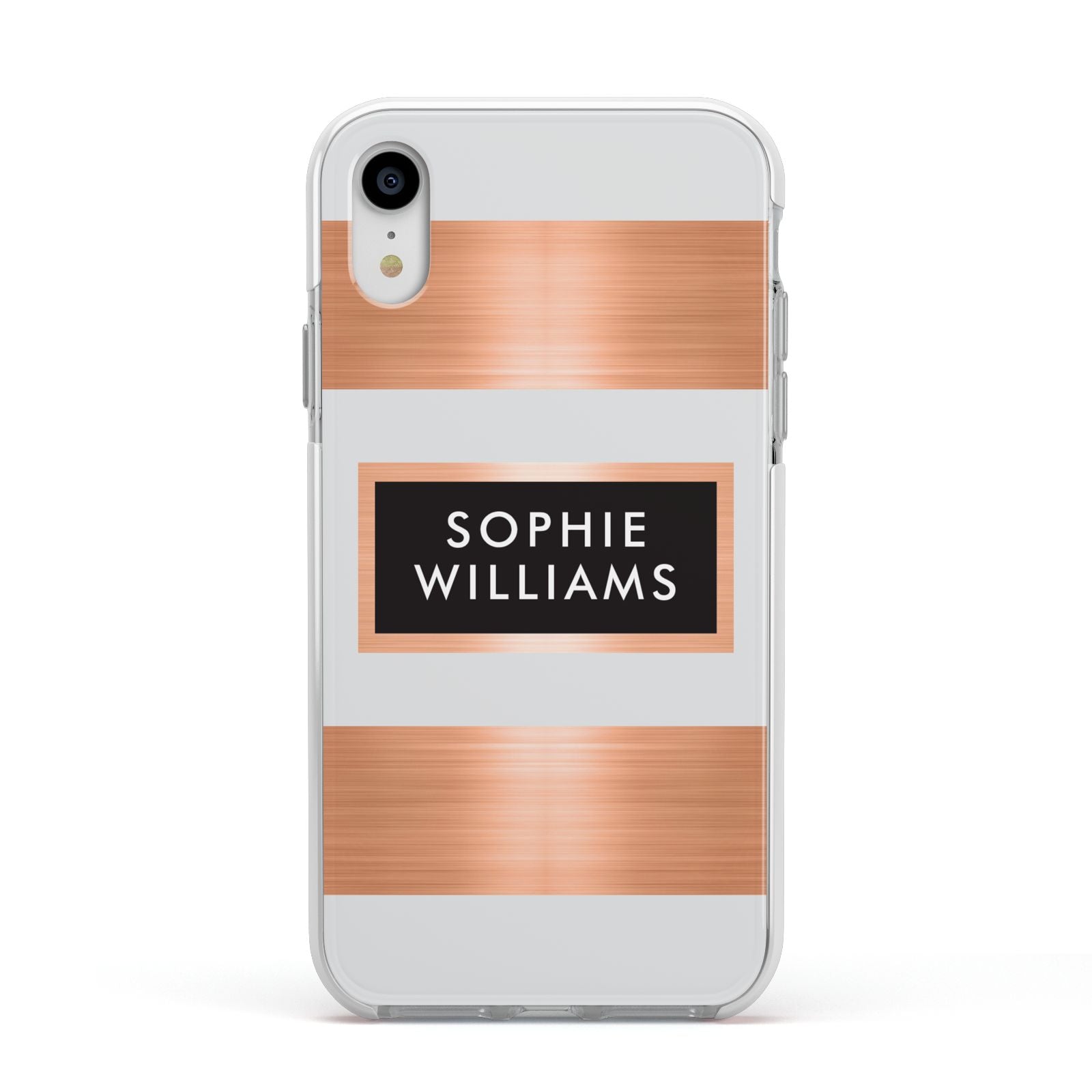 Personalised Rose Gold Name Text Initials Apple iPhone XR Impact Case White Edge on Silver Phone