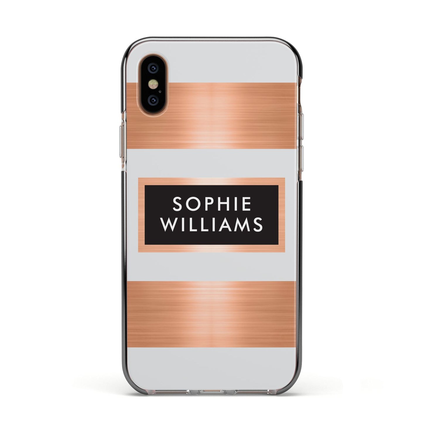Personalised Rose Gold Name Text Initials Apple iPhone Xs Impact Case Black Edge on Gold Phone