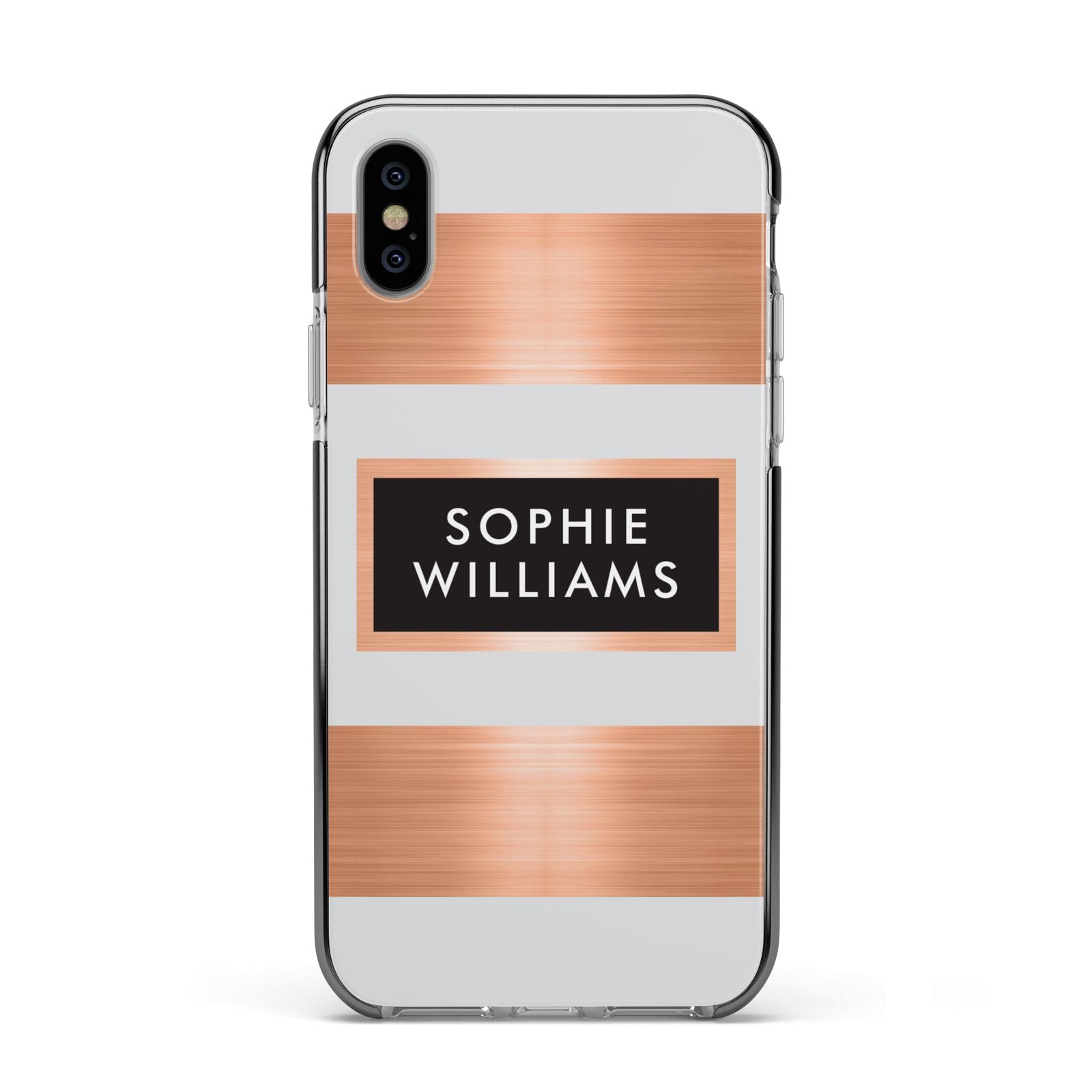 Personalised Rose Gold Name Text Initials Apple iPhone Xs Impact Case Black Edge on Silver Phone