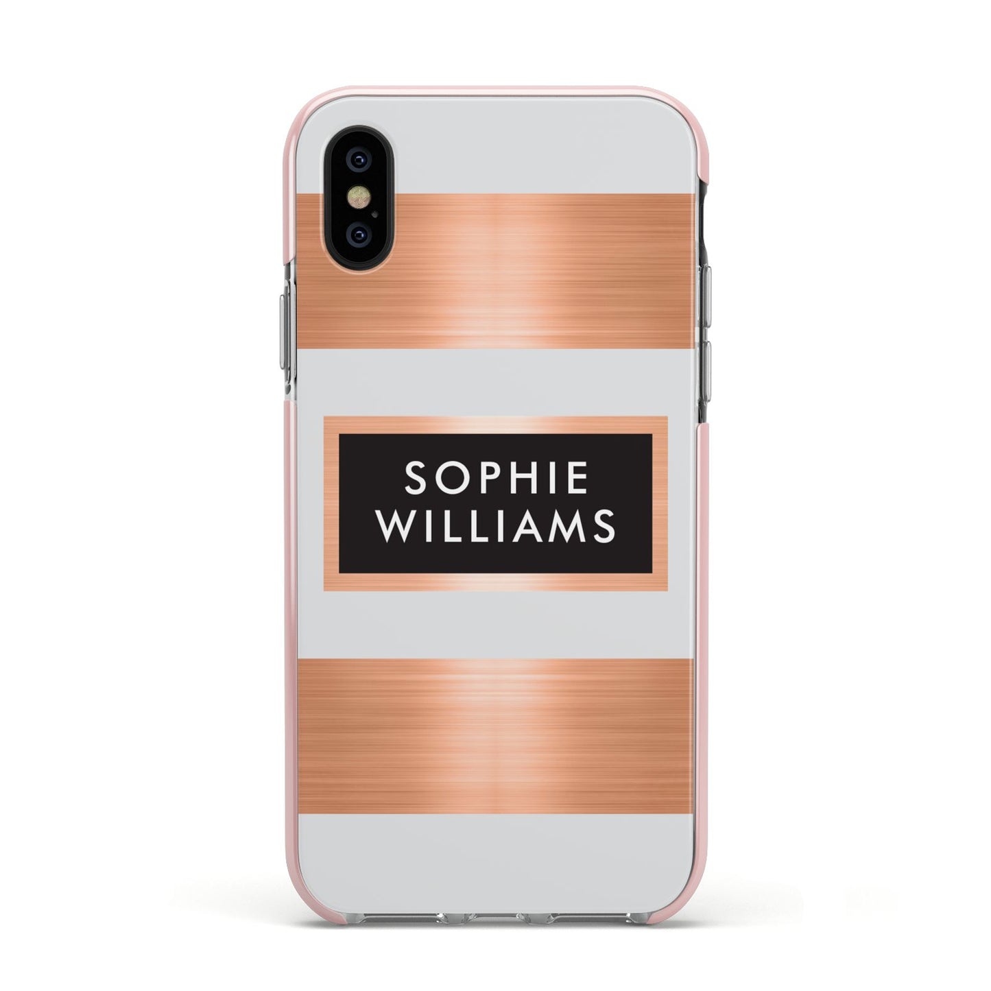 Personalised Rose Gold Name Text Initials Apple iPhone Xs Impact Case Pink Edge on Black Phone