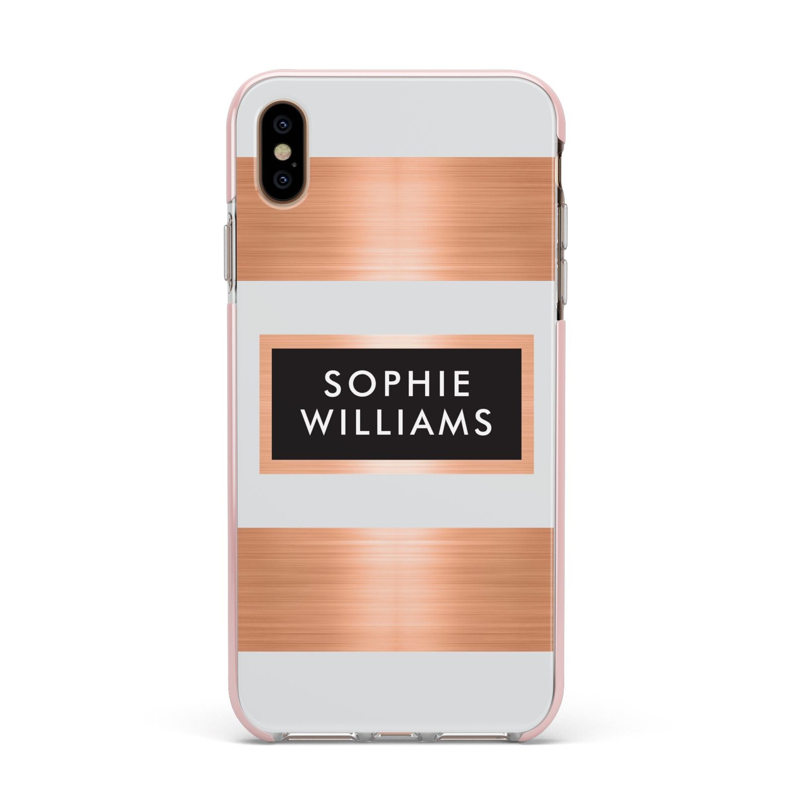 Personalised Rose Gold Name Text Initials Apple iPhone Xs Max Impact Case Pink Edge on Gold Phone