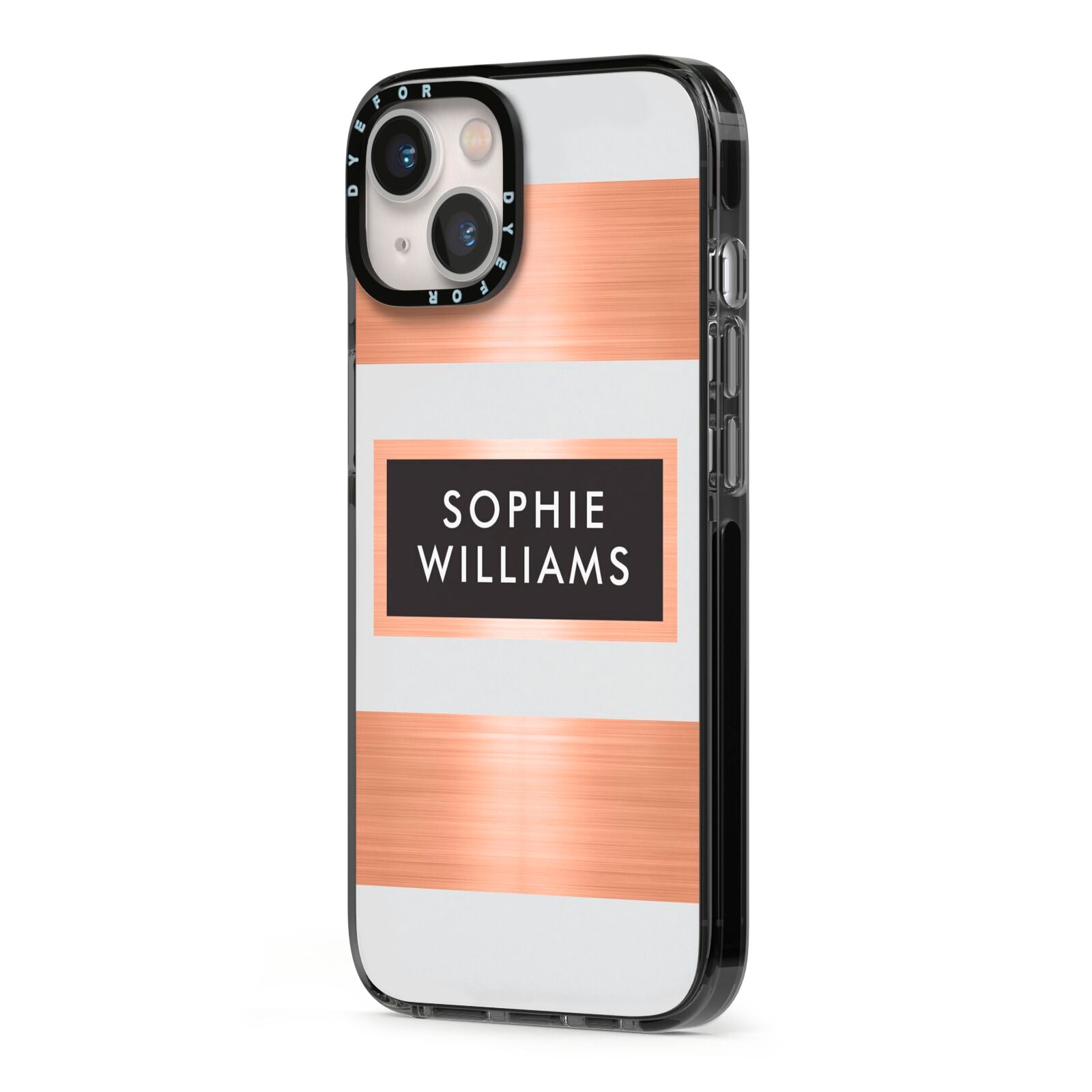 Personalised Rose Gold Name Text Initials iPhone 13 Black Impact Case Side Angle on Silver phone