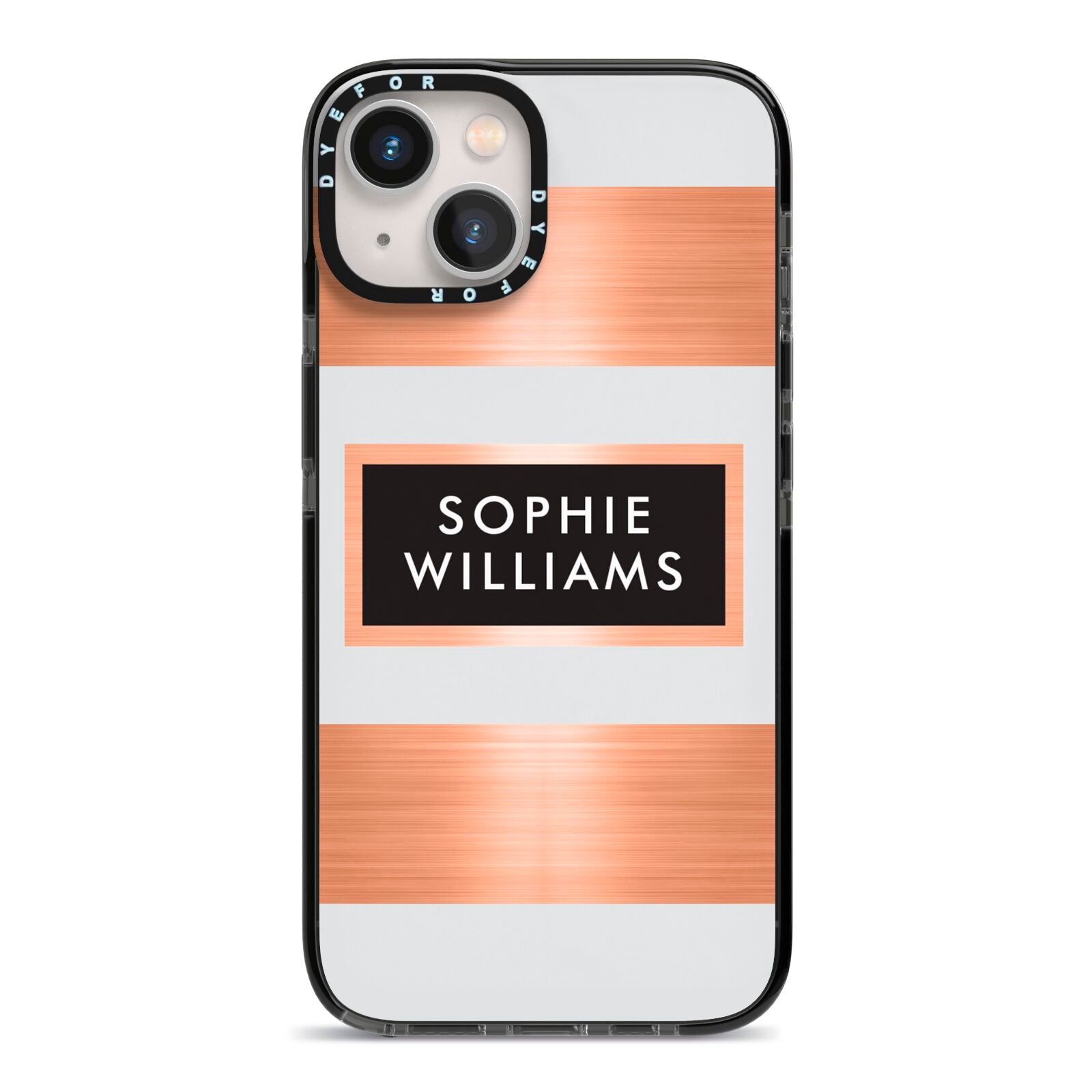 Personalised Rose Gold Name Text Initials iPhone 13 Black Impact Case on Silver phone