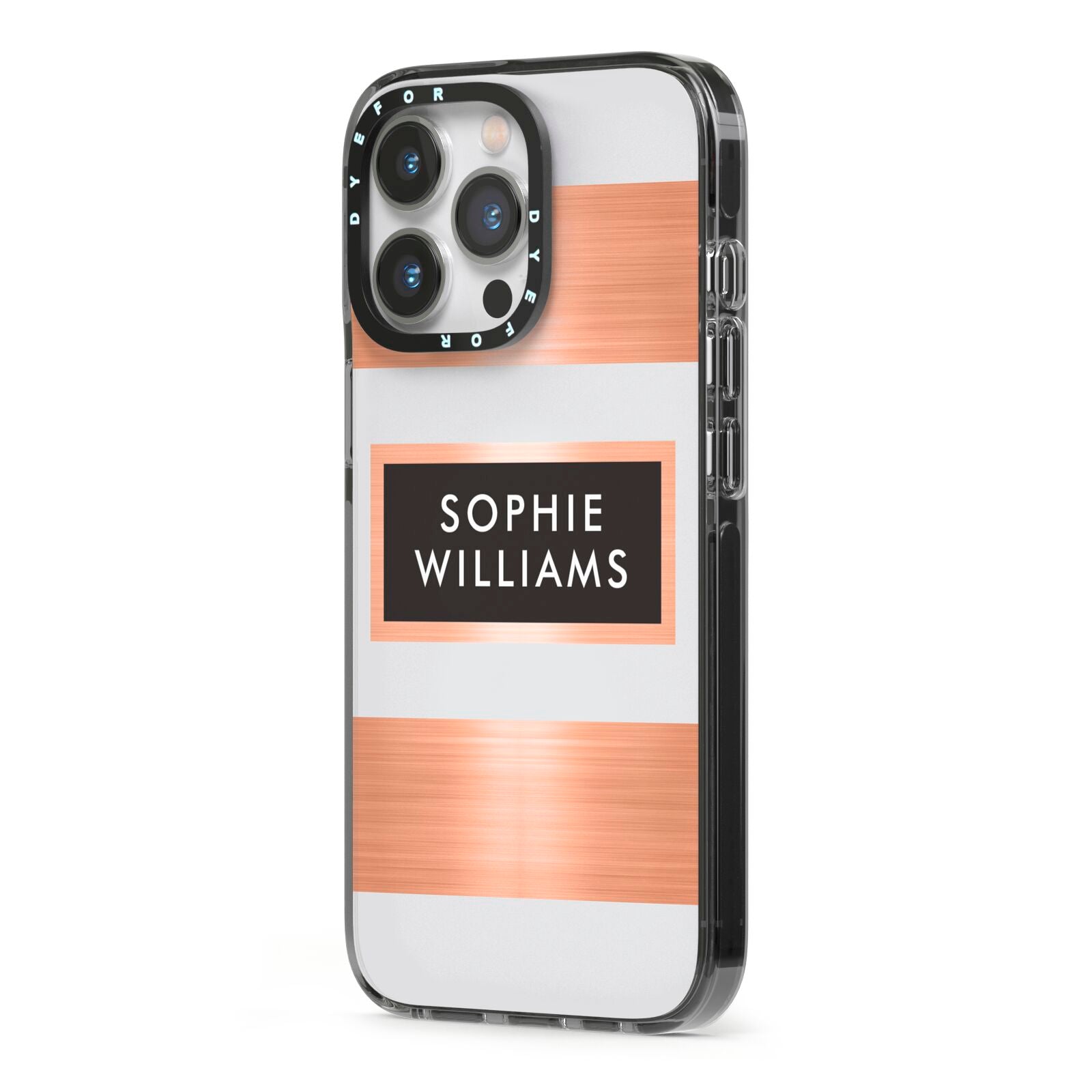 Personalised Rose Gold Name Text Initials iPhone 13 Pro Black Impact Case Side Angle on Silver phone