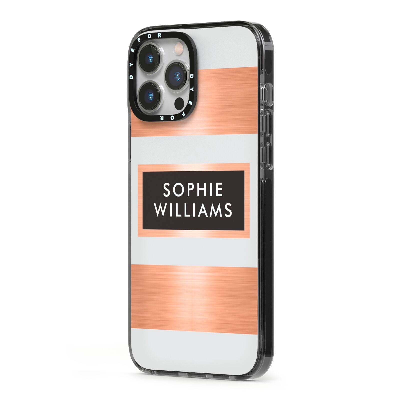 Personalised Rose Gold Name Text Initials iPhone 13 Pro Max Black Impact Case Side Angle on Silver phone