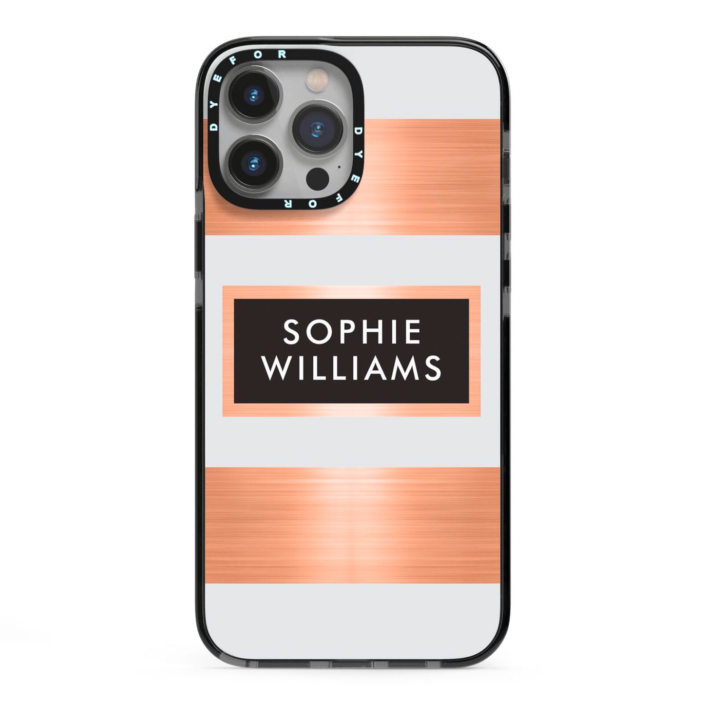 Personalised Rose Gold Name Text Initials iPhone 13 Pro Max Black Impact Case on Silver phone