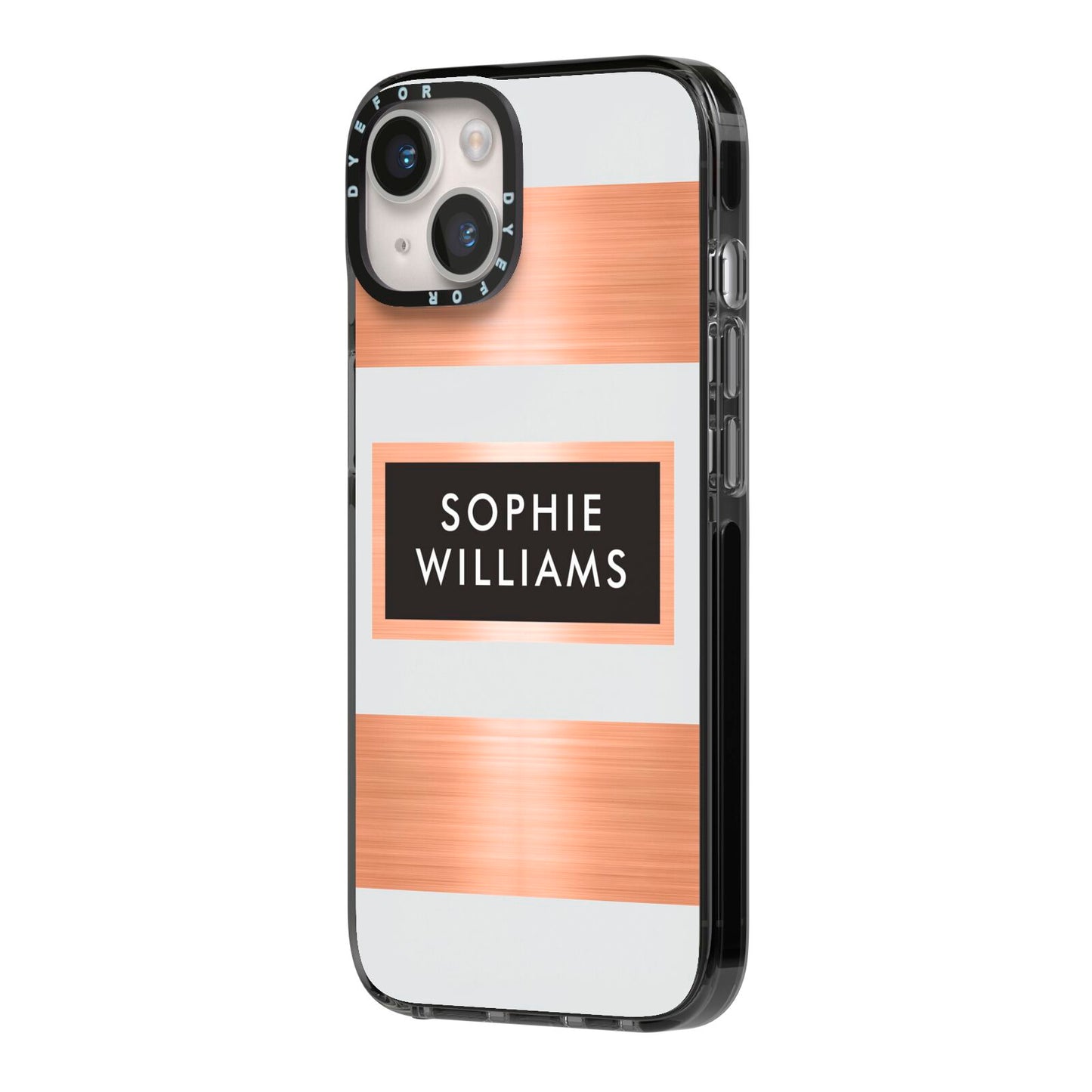 Personalised Rose Gold Name Text Initials iPhone 14 Black Impact Case Side Angle on Silver phone