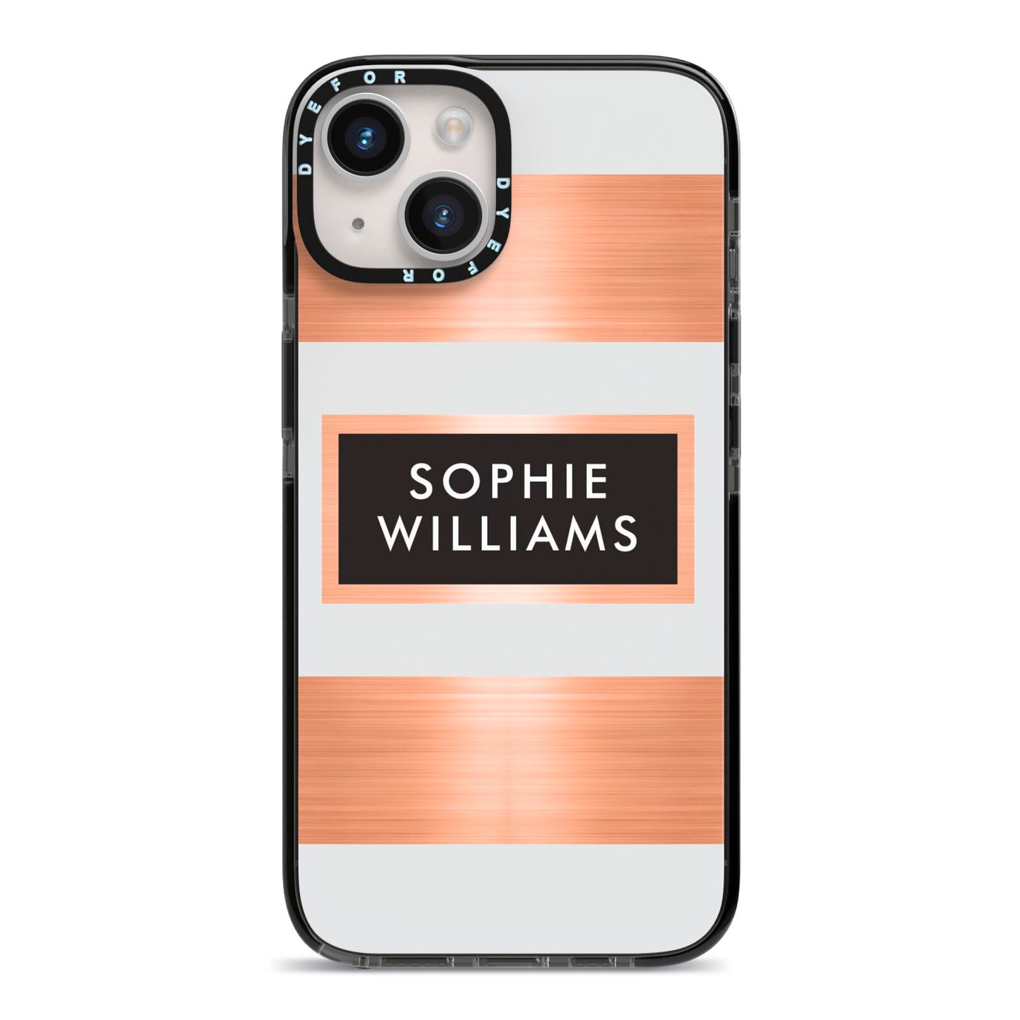 Personalised Rose Gold Name Text Initials iPhone 14 Black Impact Case on Silver phone