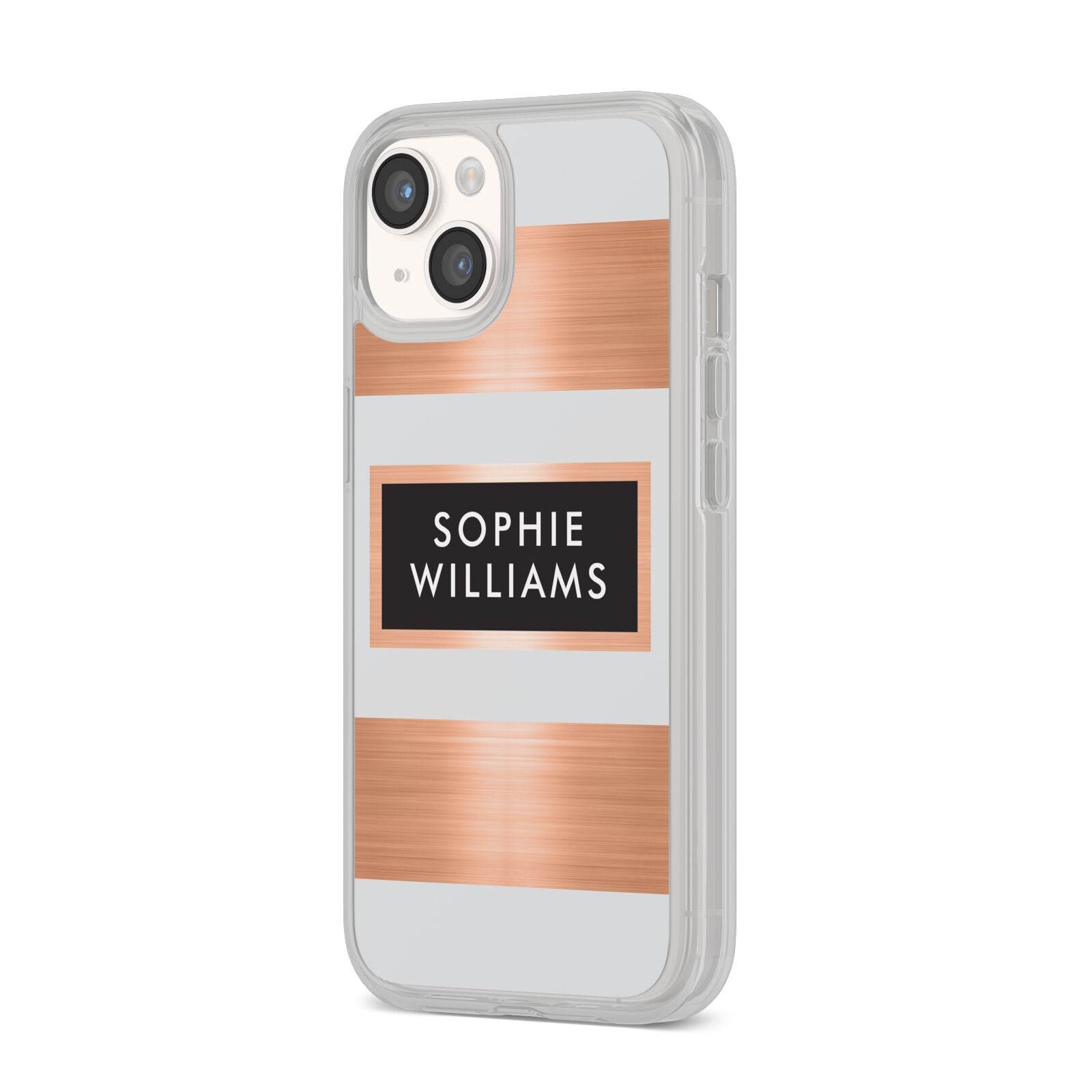 Personalised Rose Gold Name Text Initials iPhone 14 Clear Tough Case Starlight Angled Image