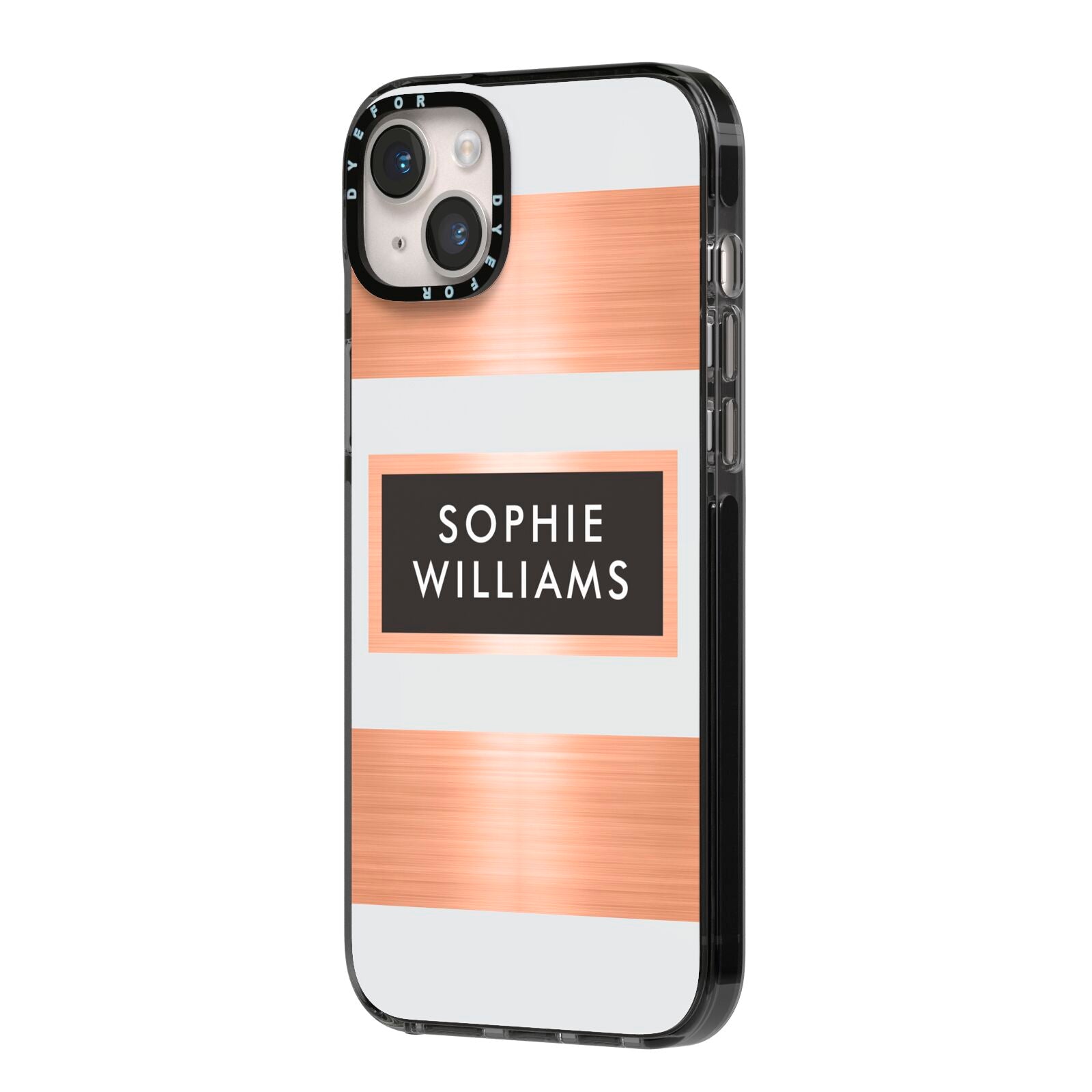 Personalised Rose Gold Name Text Initials iPhone 14 Plus Black Impact Case Side Angle on Silver phone