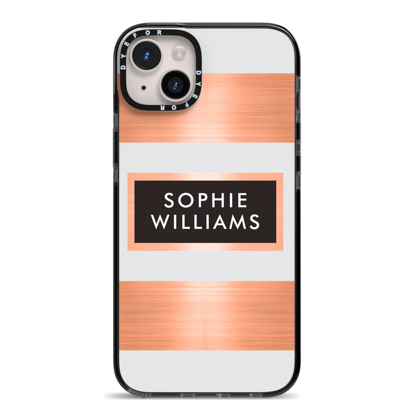 Personalised Rose Gold Name Text Initials iPhone 14 Plus Black Impact Case on Silver phone
