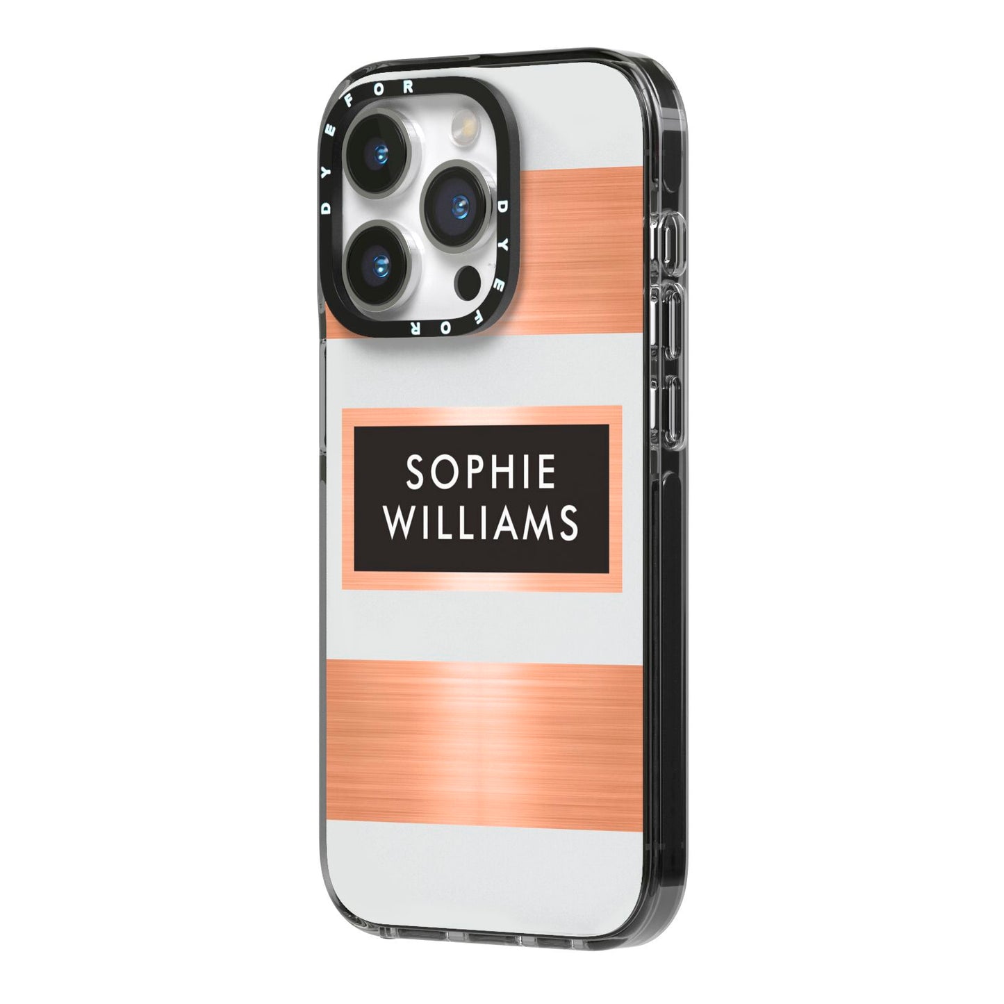 Personalised Rose Gold Name Text Initials iPhone 14 Pro Black Impact Case Side Angle on Silver phone