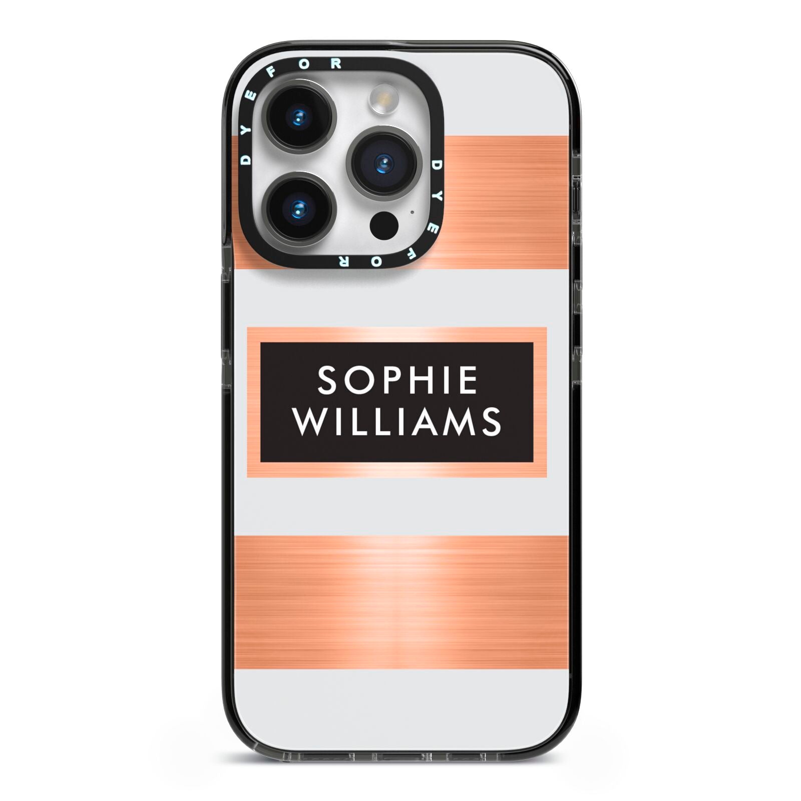 Personalised Rose Gold Name Text Initials iPhone 14 Pro Black Impact Case on Silver phone
