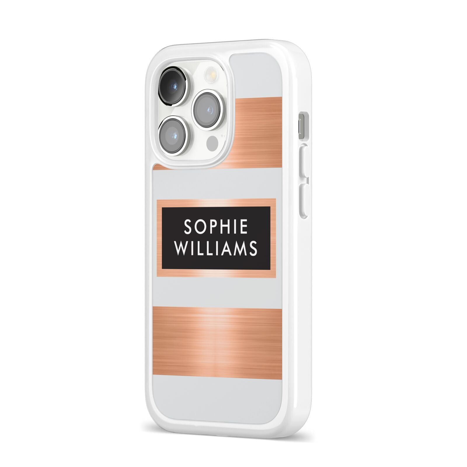 Personalised Rose Gold Name Text Initials iPhone 14 Pro Clear Tough Case Silver Angled Image