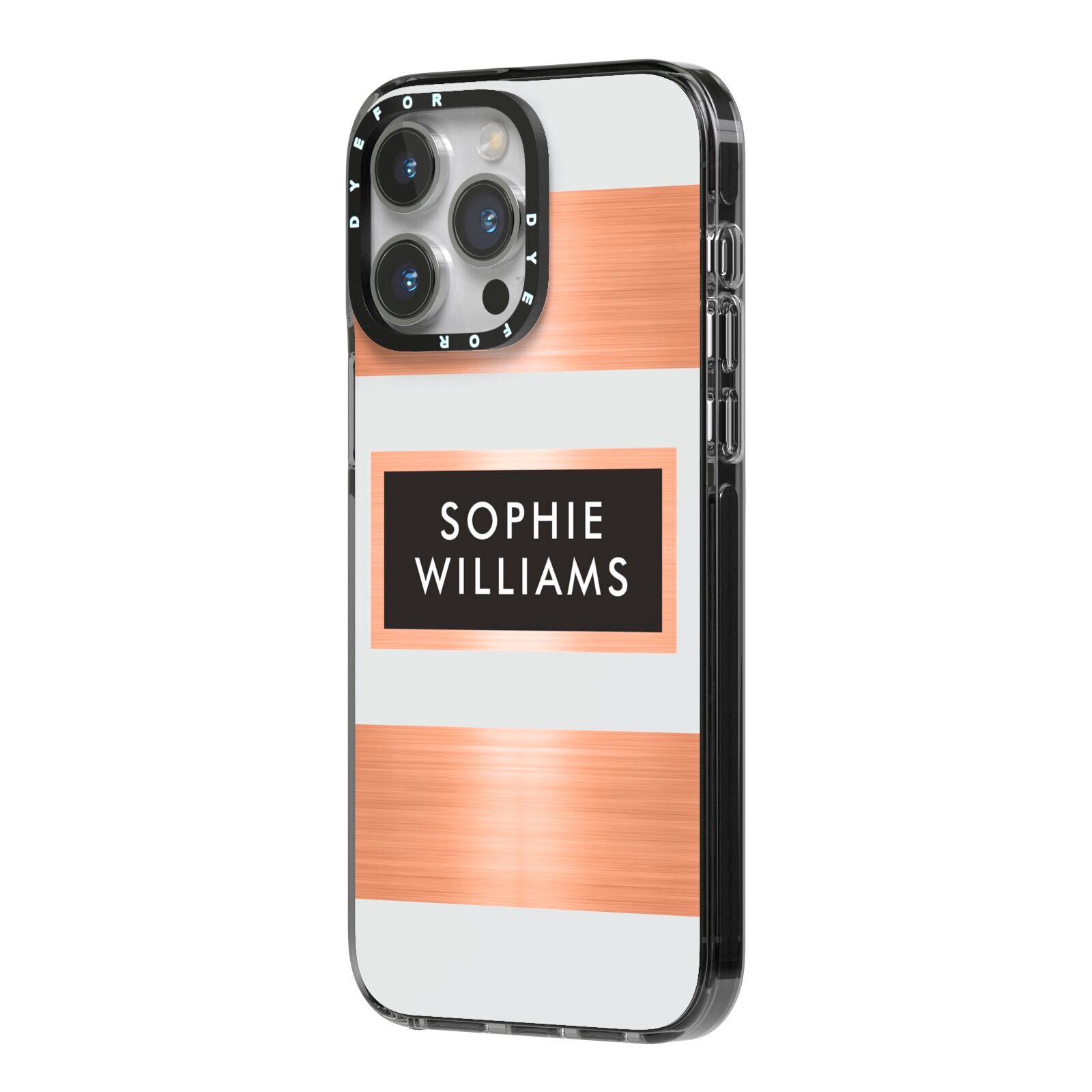 Personalised Rose Gold Name Text Initials iPhone 14 Pro Max Black Impact Case Side Angle on Silver phone