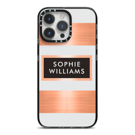 Personalised Rose Gold Name Text Initials iPhone 14 Pro Max Black Impact Case on Silver phone