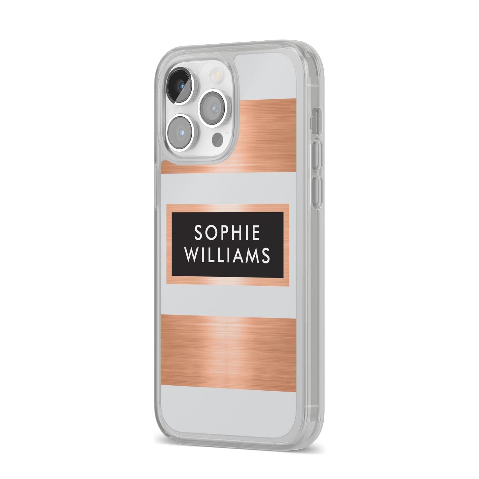 Personalised Rose Gold Name Text Initials iPhone 14 Pro Max Clear Tough Case Silver Angled Image
