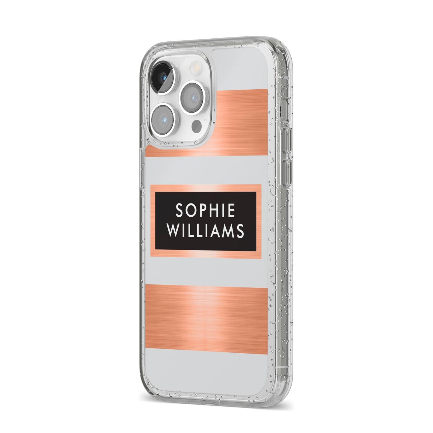 Personalised Rose Gold Name Text Initials iPhone 14 Pro Max Glitter Tough Case Silver Angled Image