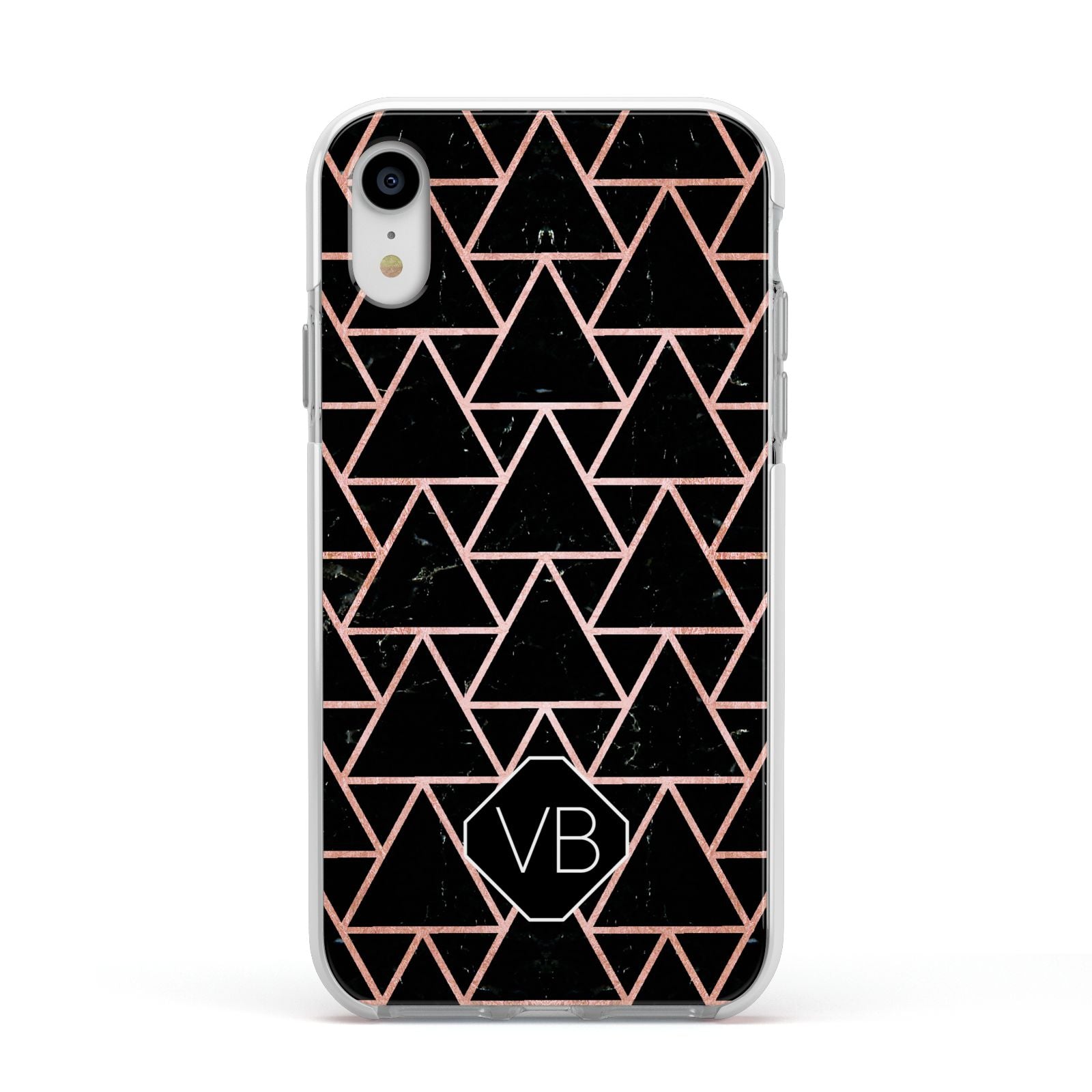 Personalised Rose Gold Triangle Marble Apple iPhone XR Impact Case White Edge on Silver Phone