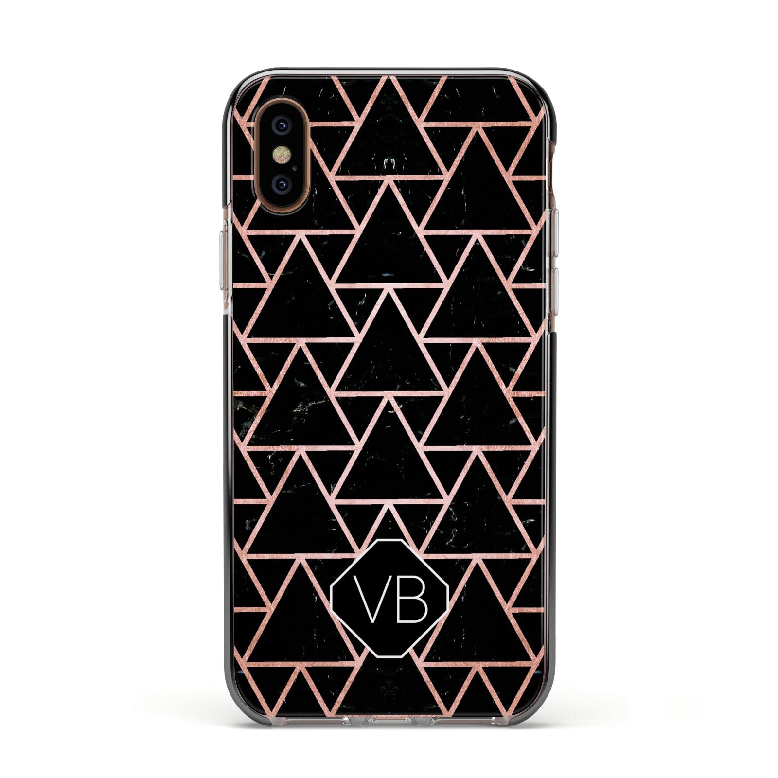 Personalised Rose Gold Triangle Marble Apple iPhone Xs Impact Case Black Edge on Gold Phone