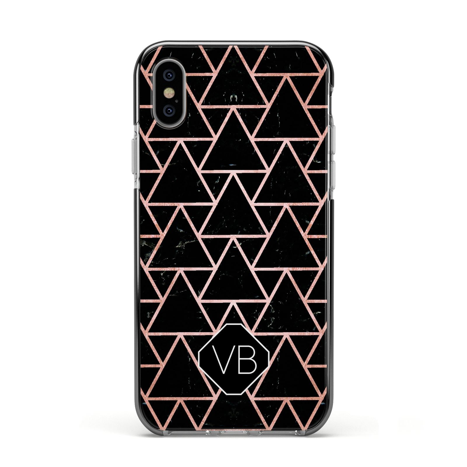 Personalised Rose Gold Triangle Marble Apple iPhone Xs Impact Case Black Edge on Silver Phone
