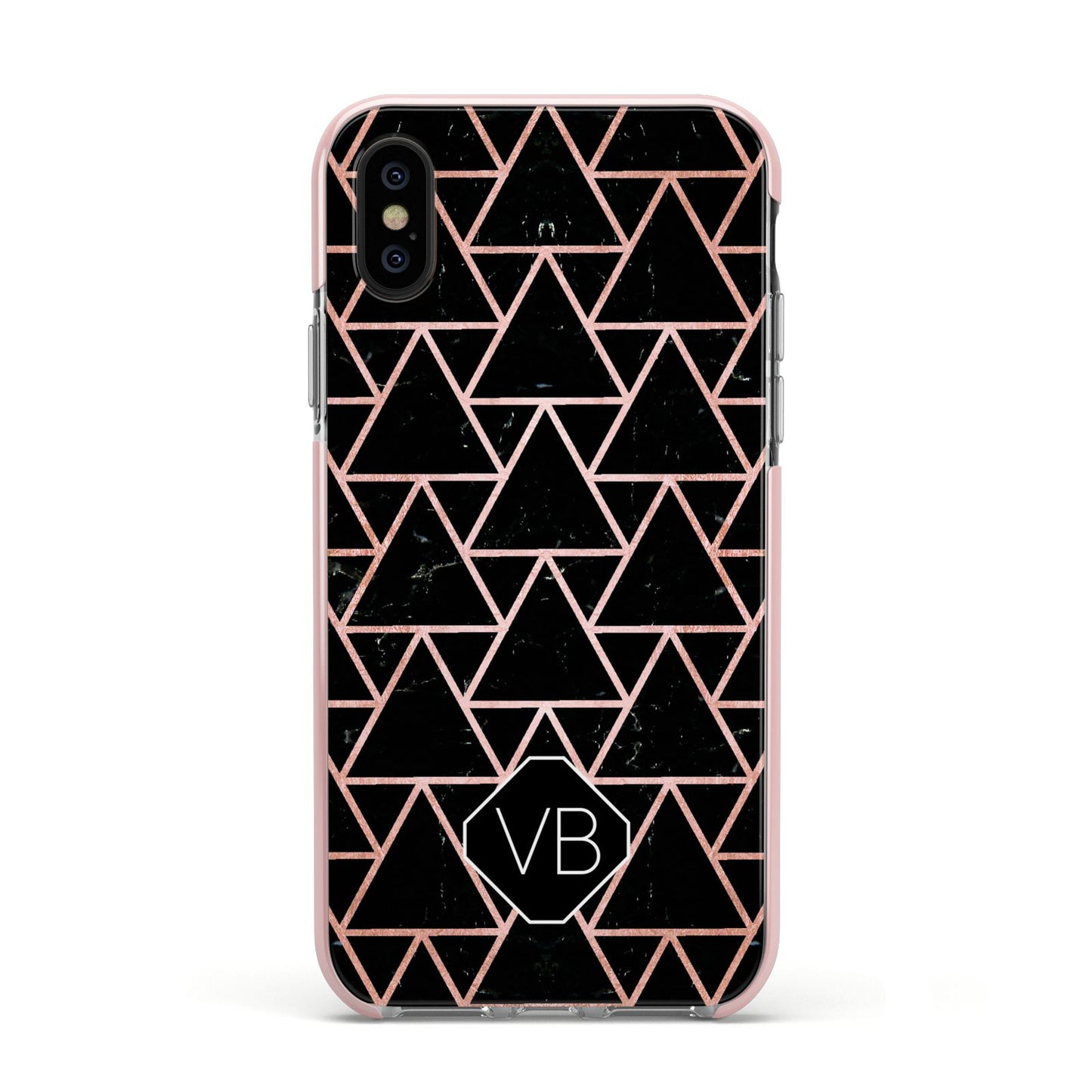 Personalised Rose Gold Triangle Marble Apple iPhone Xs Impact Case Pink Edge on Black Phone