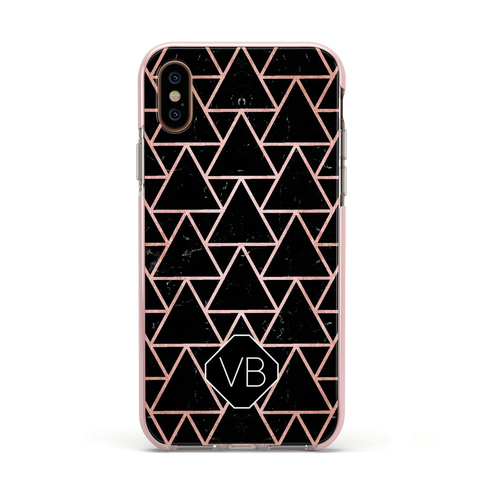 Personalised Rose Gold Triangle Marble Apple iPhone Xs Impact Case Pink Edge on Gold Phone