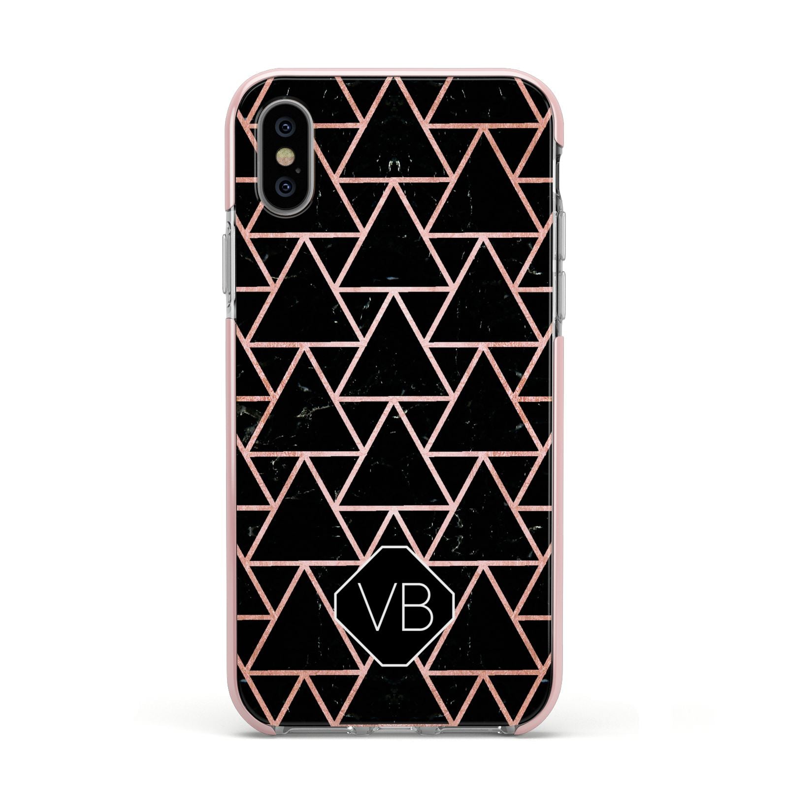 Personalised Rose Gold Triangle Marble Apple iPhone Xs Impact Case Pink Edge on Silver Phone