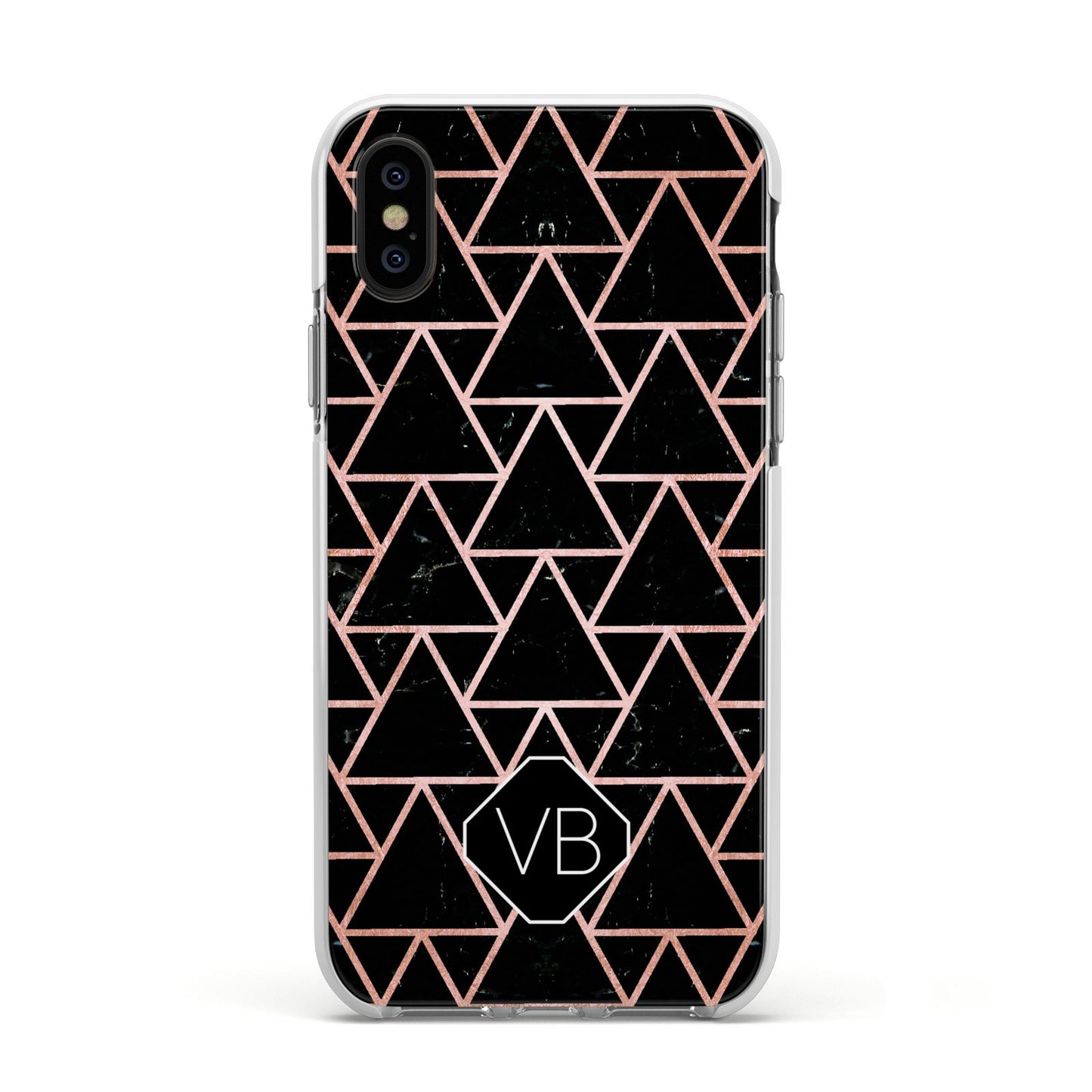 Personalised Rose Gold Triangle Marble Apple iPhone Xs Impact Case White Edge on Black Phone