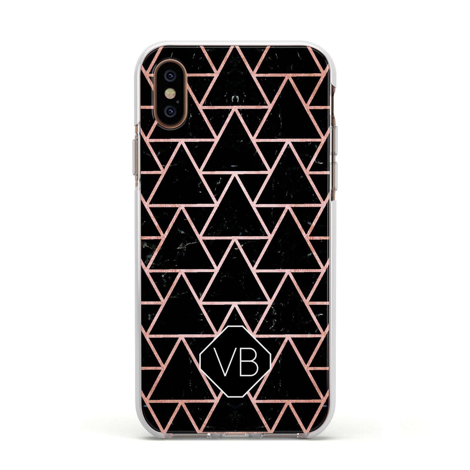 Personalised Rose Gold Triangle Marble Apple iPhone Xs Impact Case White Edge on Gold Phone