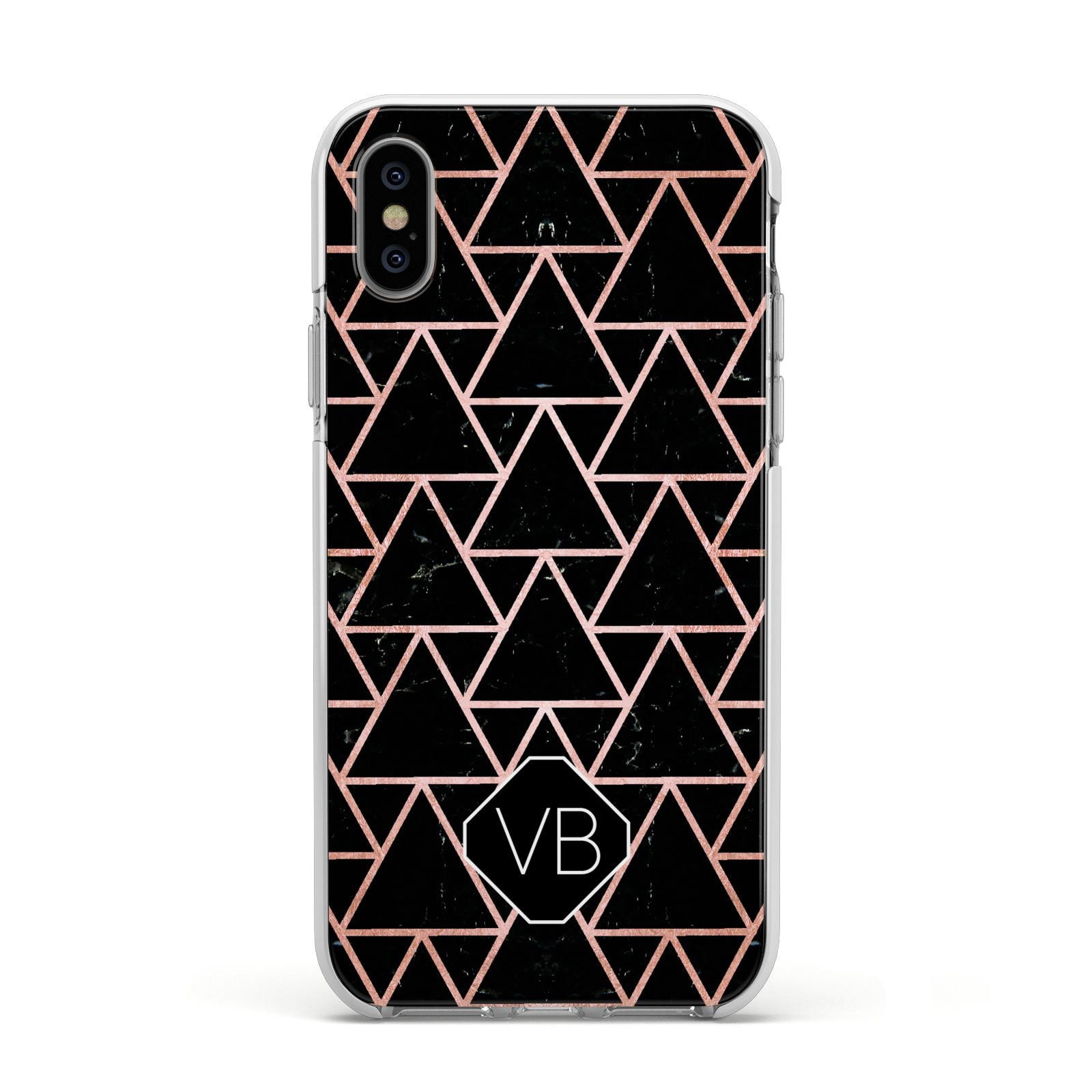 Personalised Rose Gold Triangle Marble Apple iPhone Xs Impact Case White Edge on Silver Phone