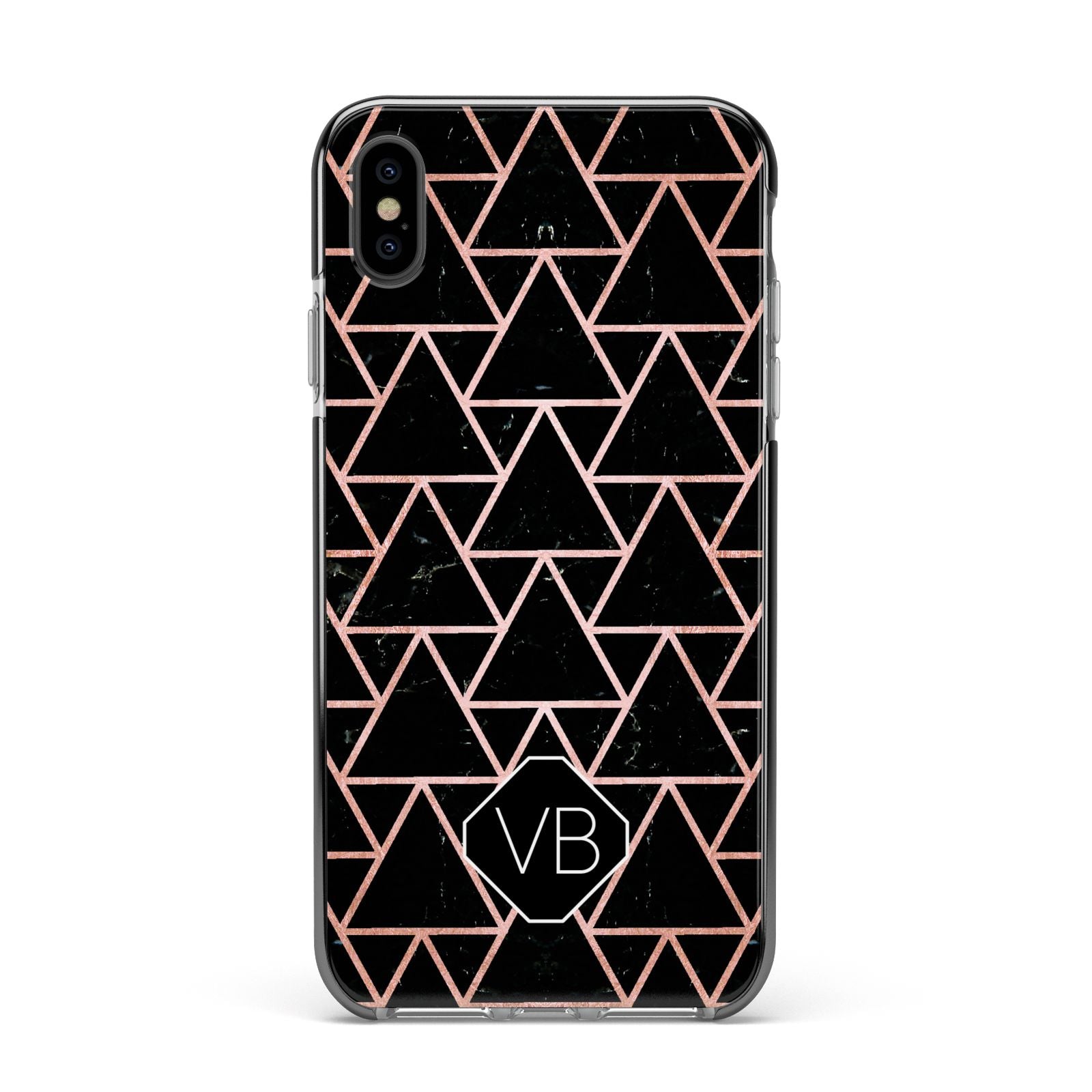 Personalised Rose Gold Triangle Marble Apple iPhone Xs Max Impact Case Black Edge on Black Phone
