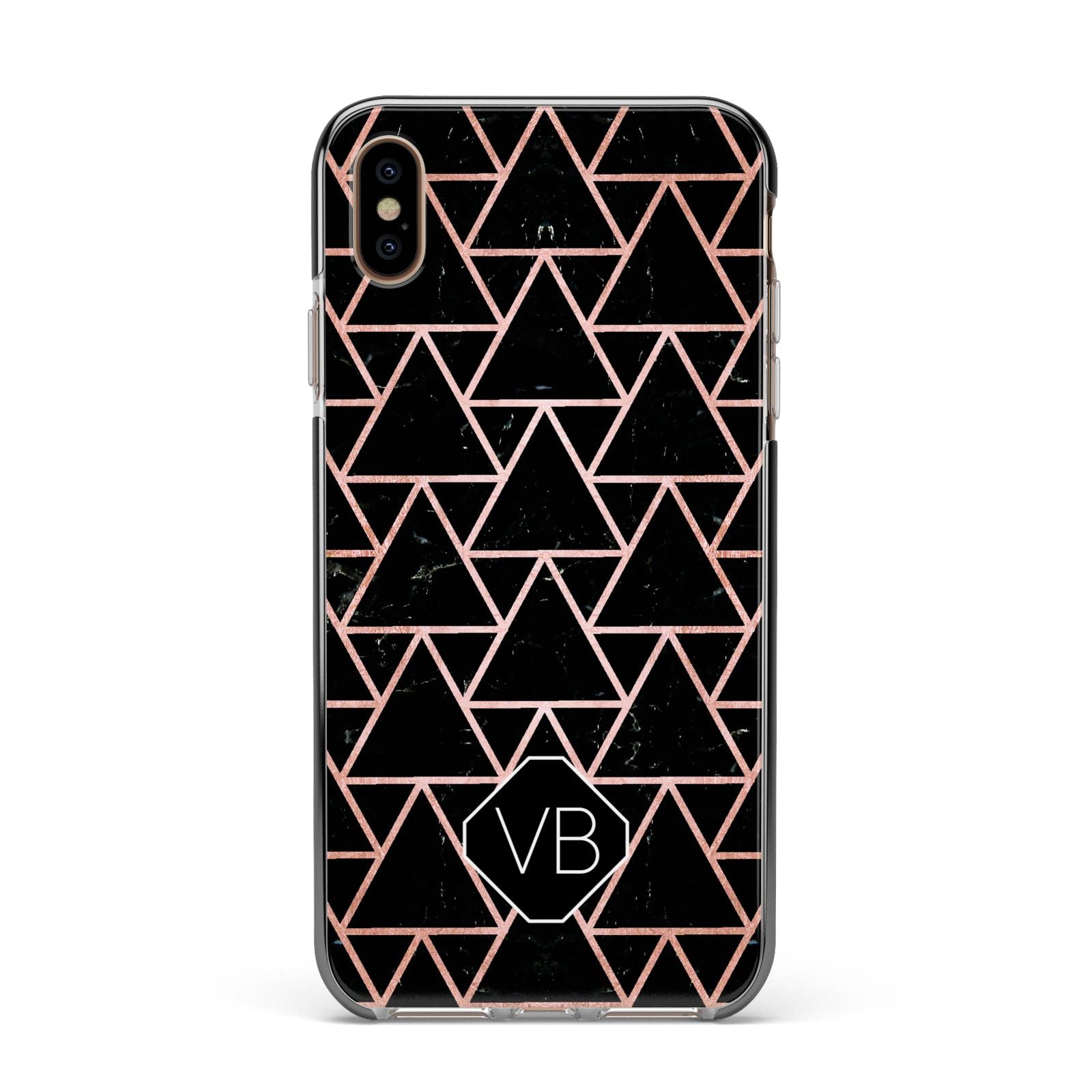 Personalised Rose Gold Triangle Marble Apple iPhone Xs Max Impact Case Black Edge on Gold Phone