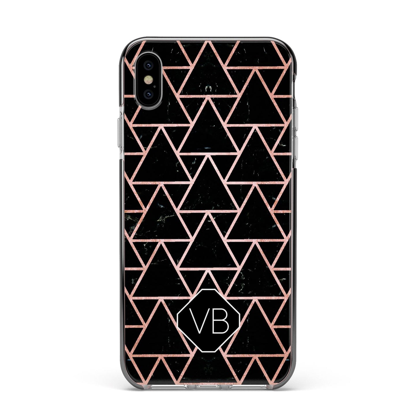 Personalised Rose Gold Triangle Marble Apple iPhone Xs Max Impact Case Black Edge on Silver Phone
