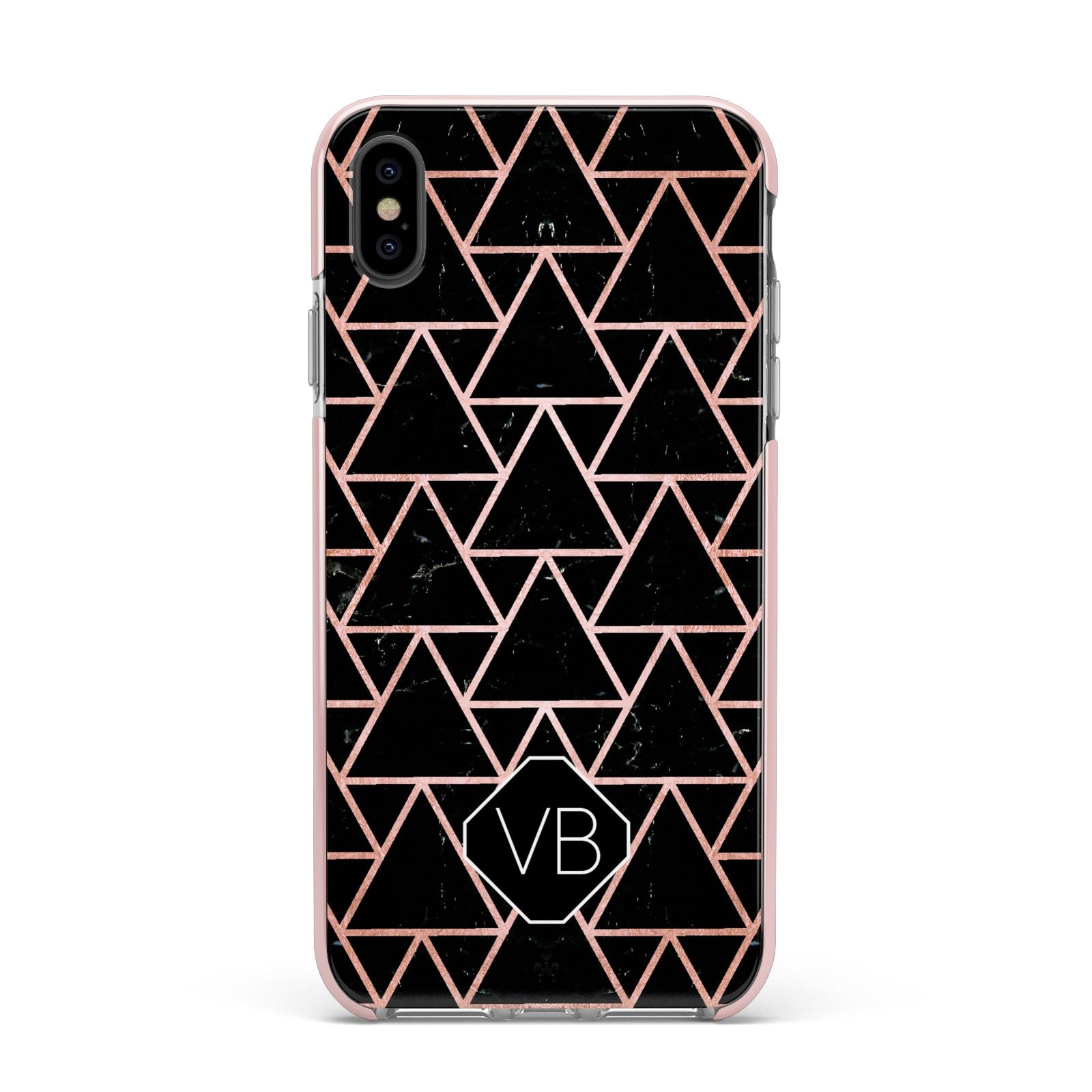 Personalised Rose Gold Triangle Marble Apple iPhone Xs Max Impact Case Pink Edge on Black Phone