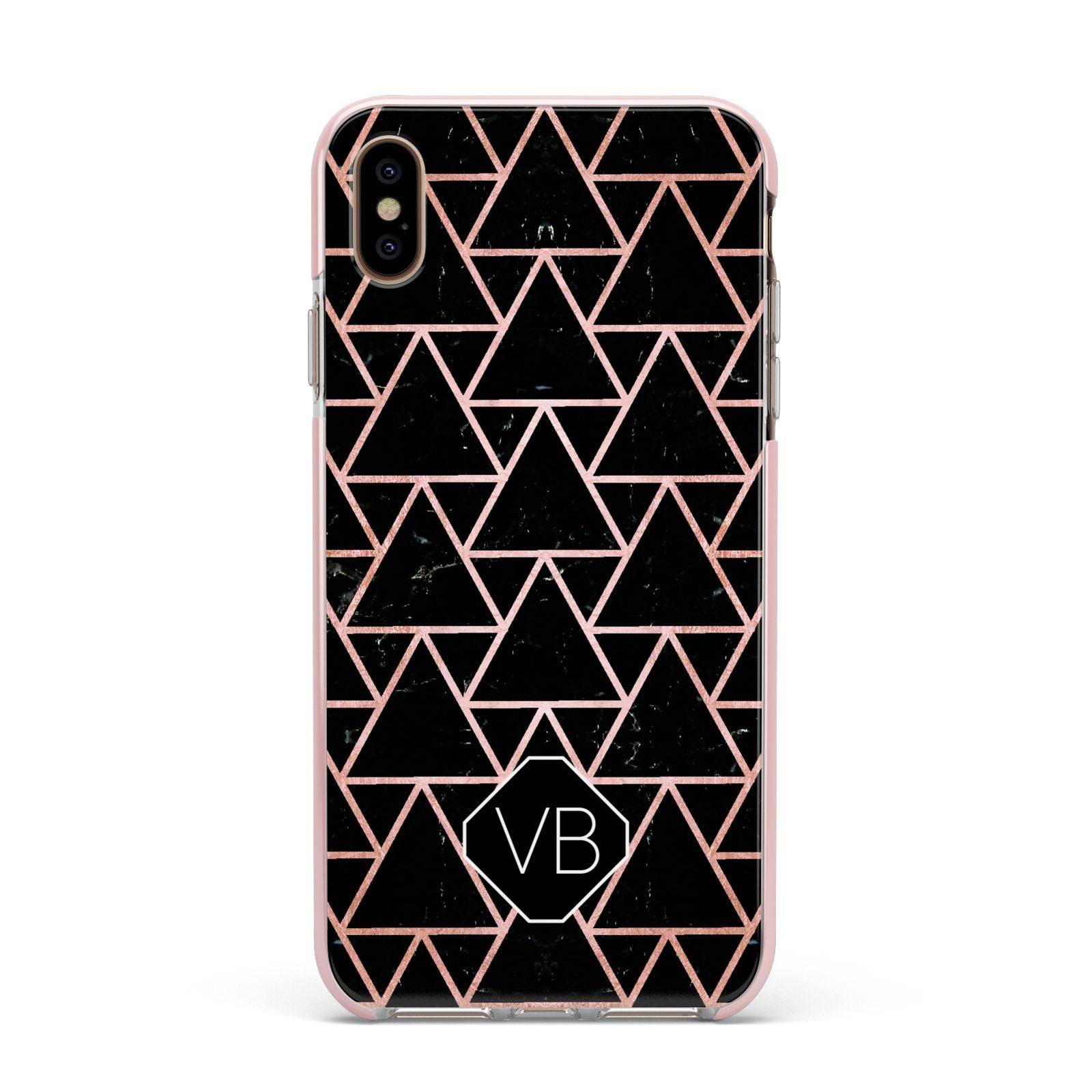 Personalised Rose Gold Triangle Marble Apple iPhone Xs Max Impact Case Pink Edge on Gold Phone