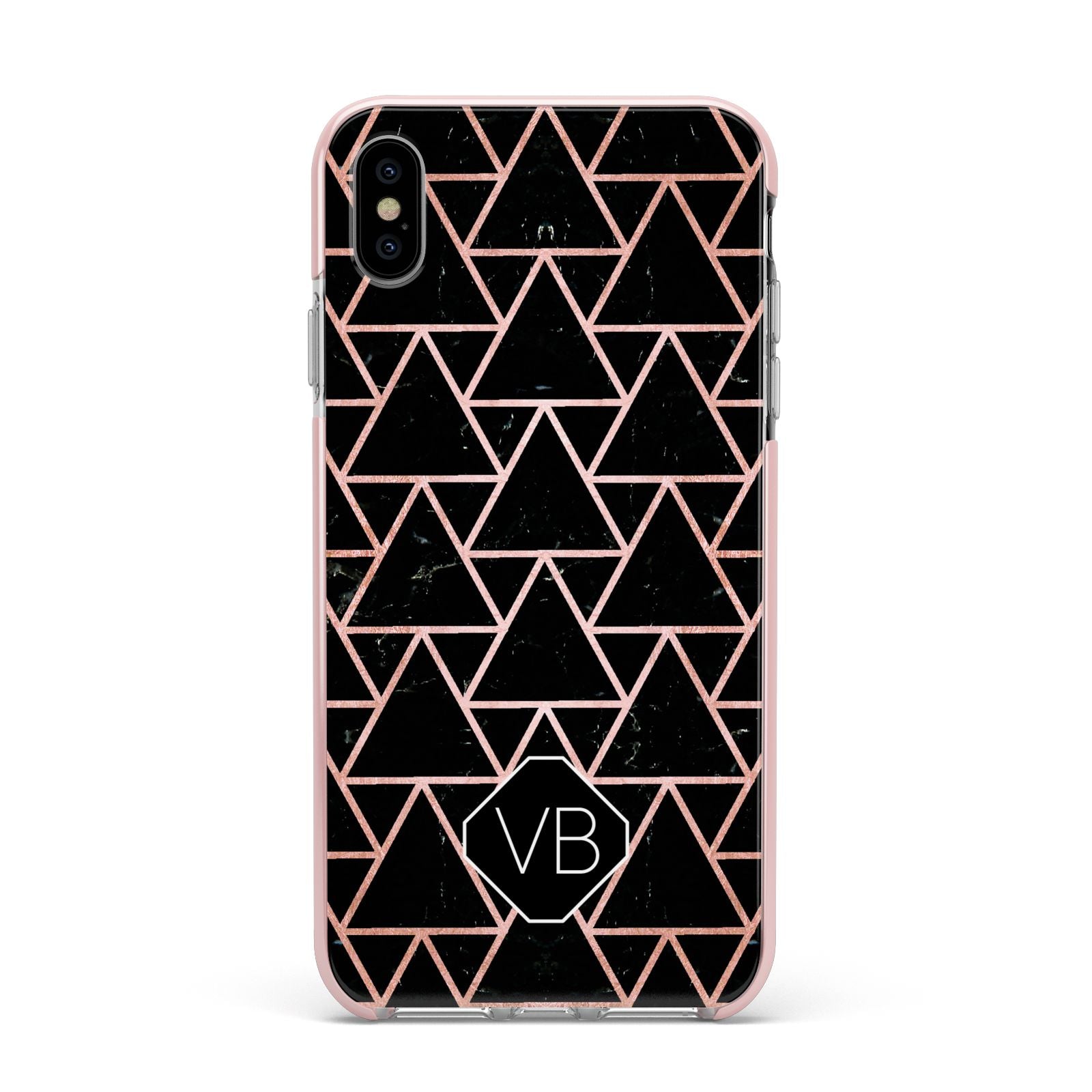 Personalised Rose Gold Triangle Marble Apple iPhone Xs Max Impact Case Pink Edge on Silver Phone