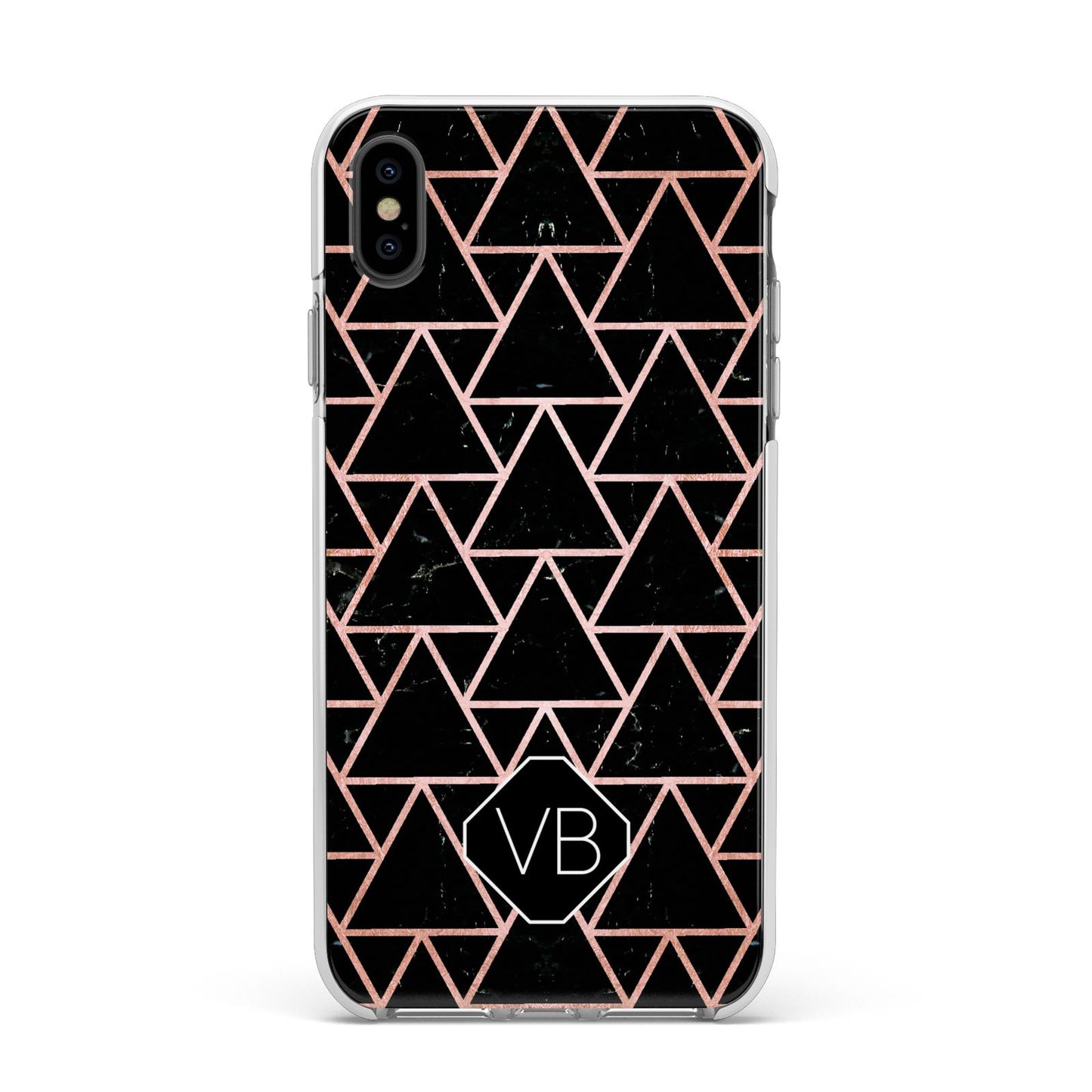Personalised Rose Gold Triangle Marble Apple iPhone Xs Max Impact Case White Edge on Black Phone