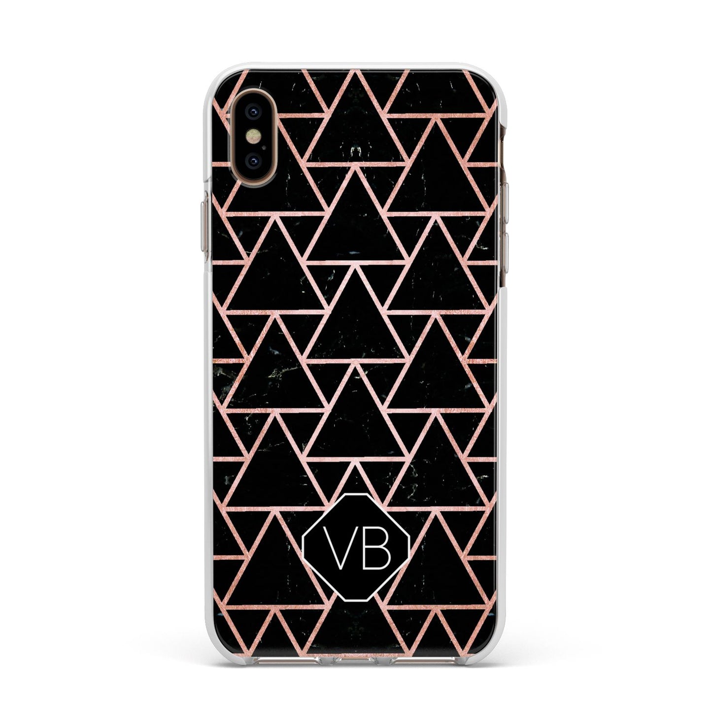 Personalised Rose Gold Triangle Marble Apple iPhone Xs Max Impact Case White Edge on Gold Phone