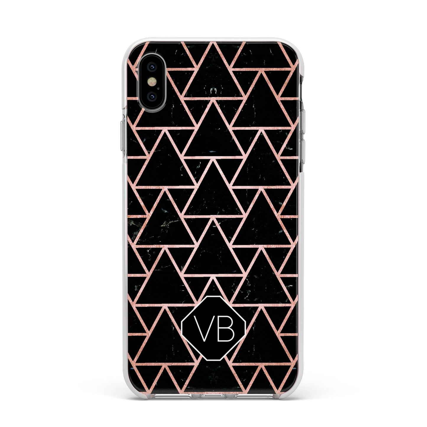Personalised Rose Gold Triangle Marble Apple iPhone Xs Max Impact Case White Edge on Silver Phone
