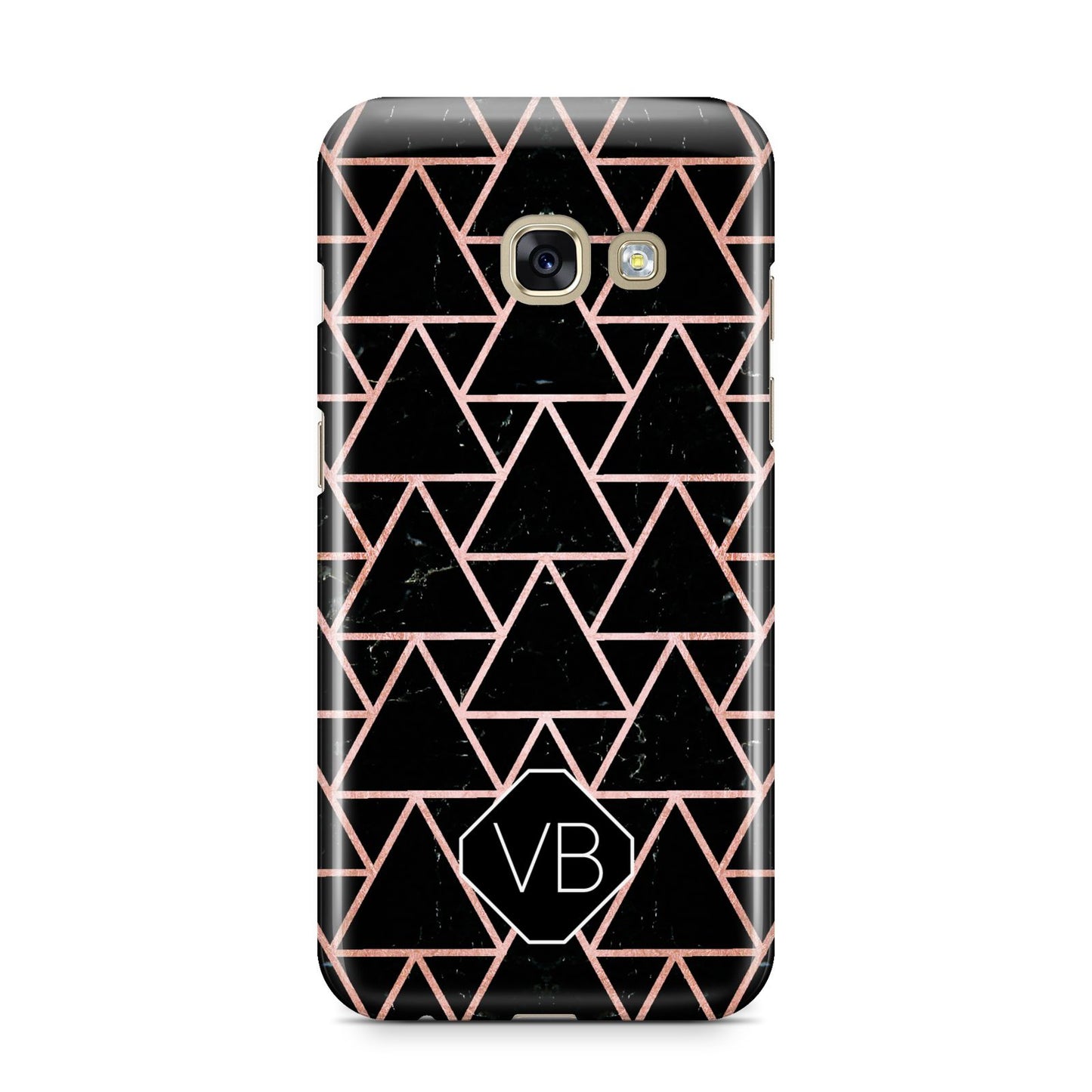 Personalised Rose Gold Triangle Marble Samsung Galaxy A3 2017 Case on gold phone